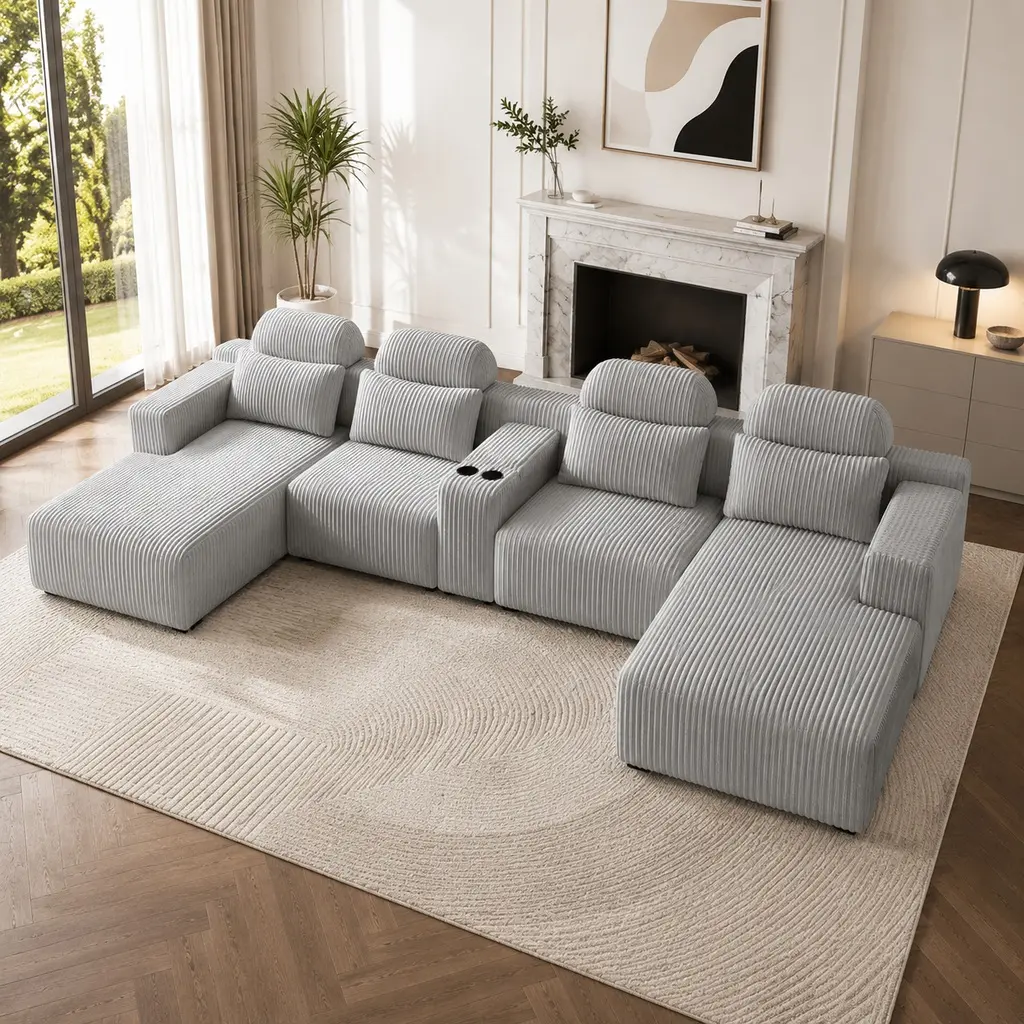 Gray Corduroy U-Shaped 3-Piece Modular Sectional Sofa Set - 6-Seat 145.7in Extra Large Living Room Furniture with Chaise Lounge, Cup Holders, Storage, Foam Cushioning