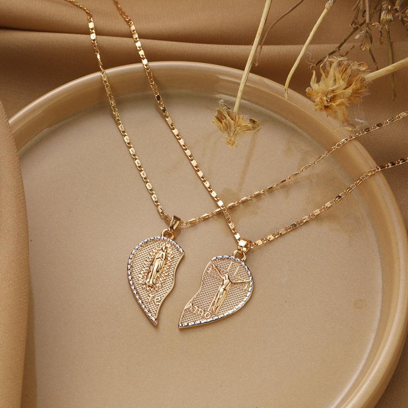 2 Pcs Virgin Mary & Jesus Broken Heart Couple Necklace Set, Gold Plated Religious Matching Jewelry, Hypoallergenic Gift for Couples