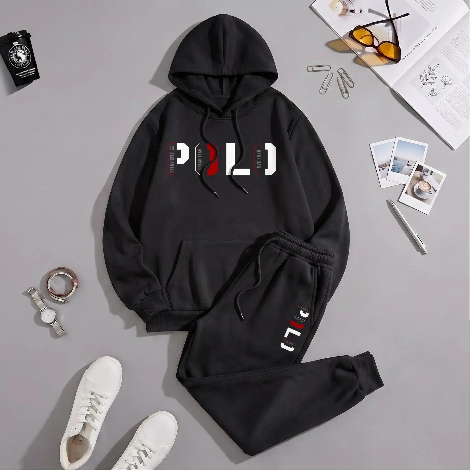 Men’s Streetwear Letter Print Tracksuit, Casual Hooded Sweatshirt and Jogger Pants Two-Piece Set, Comfortable Athletic Outfit for Daily Wear