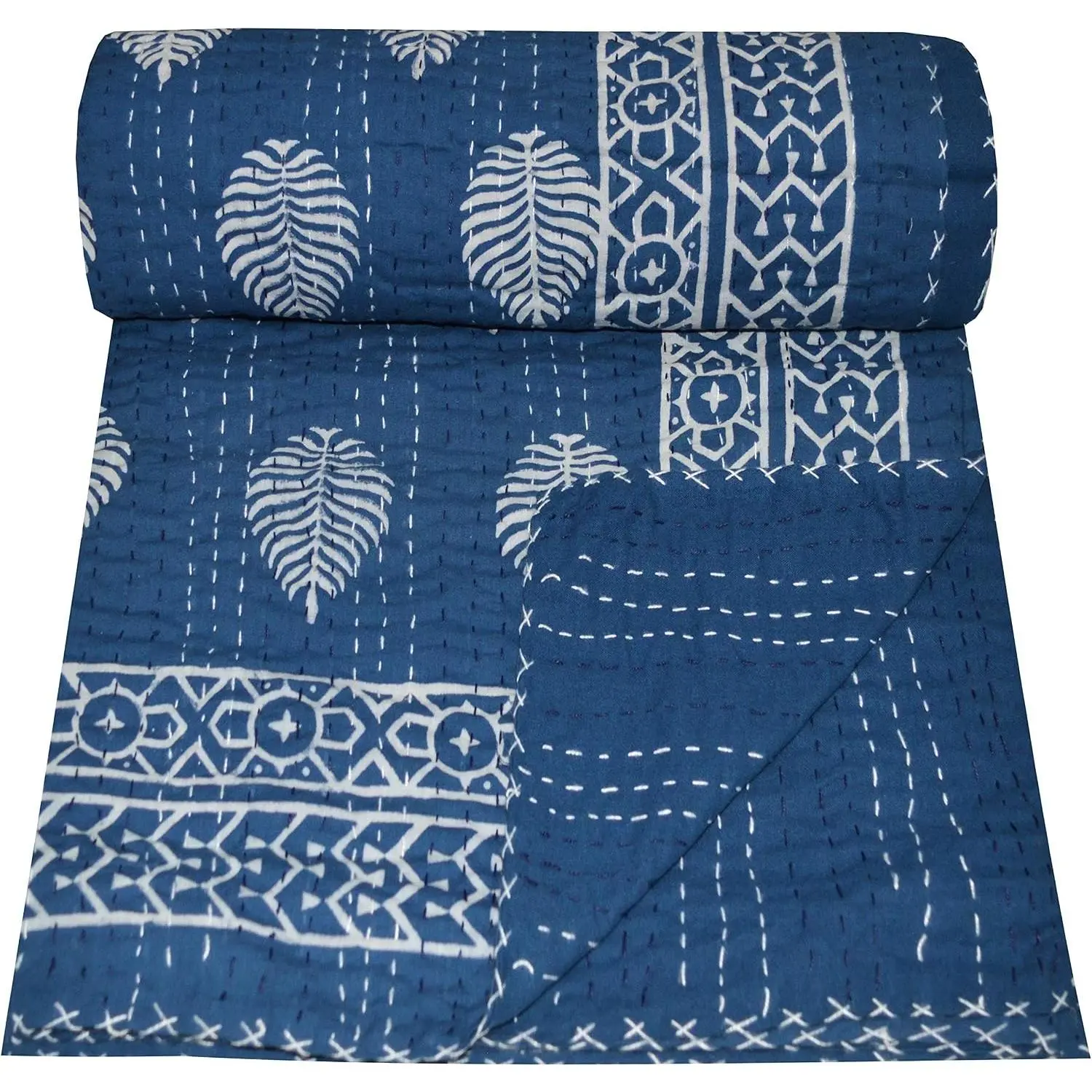 Indian Handmade Traditional Art 2-Layer Thin 100% Cotton Hand-Stitched Twin Kantha Quilt Throw Blanket Bespread, Indigo Blue, 90x60 in, Two-Layer Thin