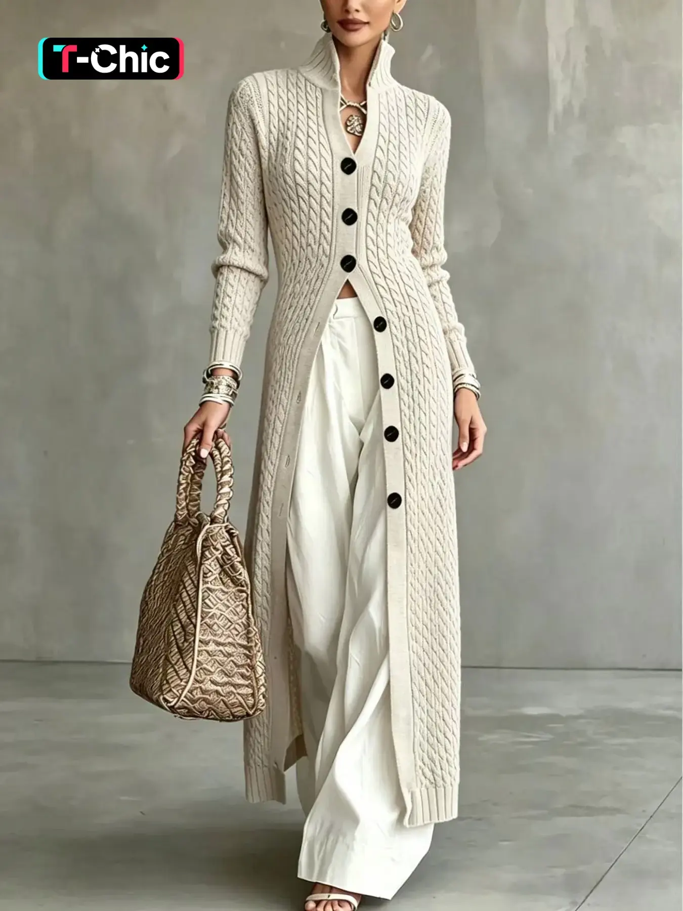 Women's Cable Knit Long Cardigan, Stand Collar Single Button Fall Winter Commute Jacket, Slim Fit Elegant Chic Casual Outerwear for Daily Wear