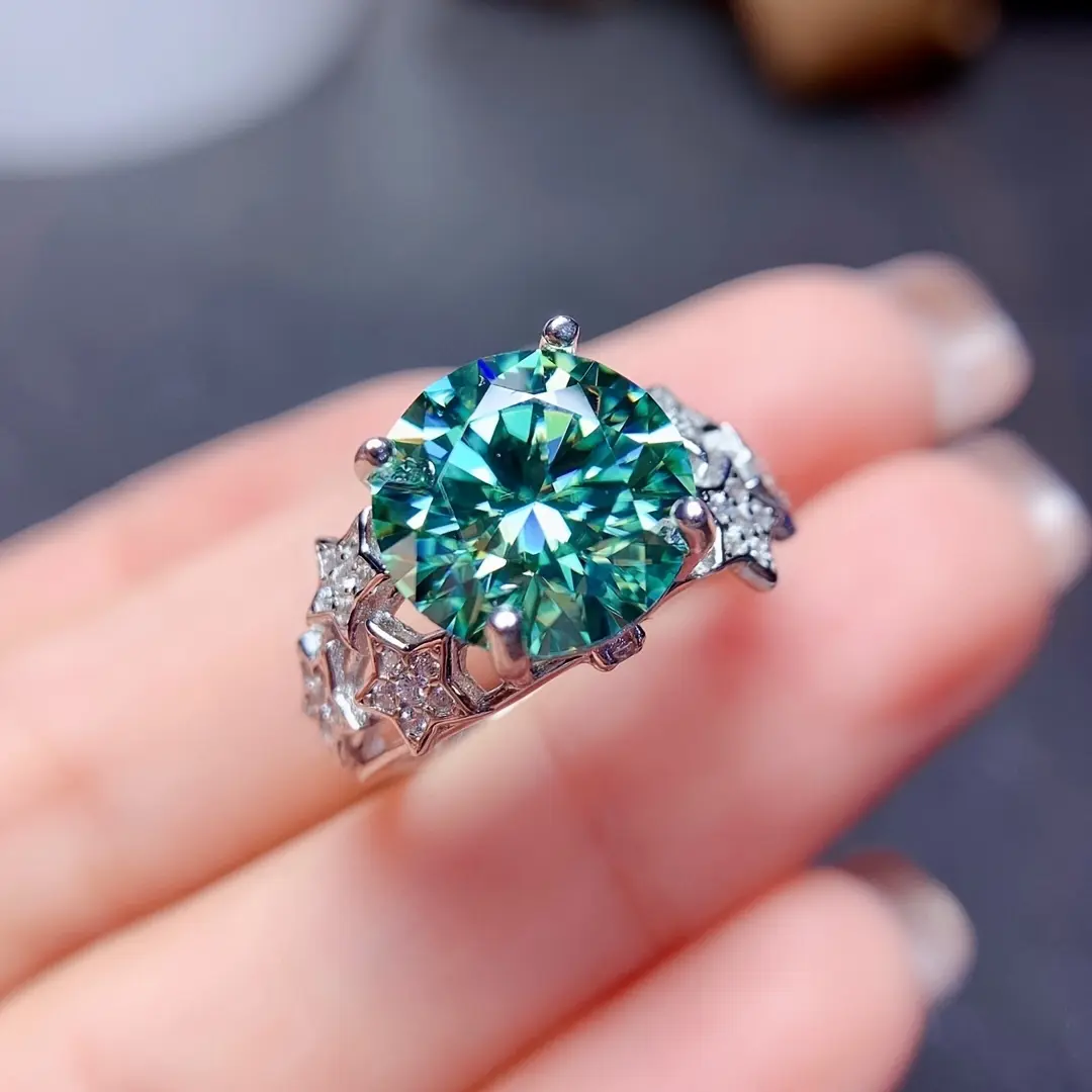 Eternals 5ct Blue Green Moissanite Engagement Ring, 925 Silvery Plated, Star Moon Design, Perfect Anniversary Gift