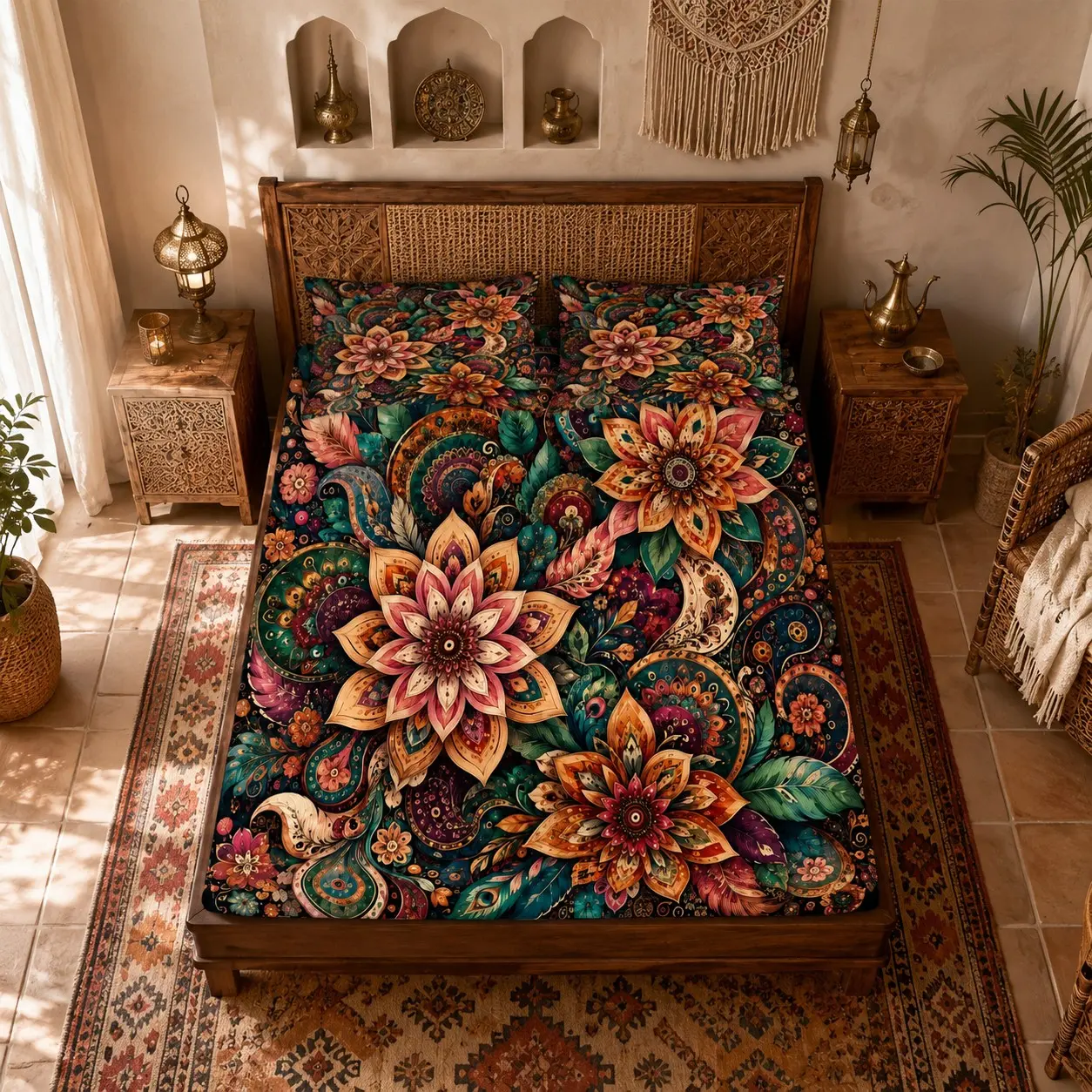 Vintage Bohemian Mandala Floral 3-Piece Fitted Sheet Set, 1 Fitted Sheet + 2 Pillowcases (No Inserts), Deep Pocket Bedding, Soft Breathable Microfiber, for Teen & Adult Bedroom Decor, Unique Holiday Gift