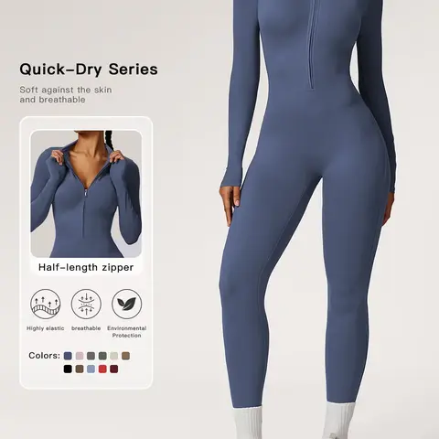 【Black Friday】Women's Solid Zip Up Long Sleeve Sports Jumpsuit, Casual Quick-Dry Activewear for Fitness, Yoga and Gym, Ladies Sportswear for All Seasons