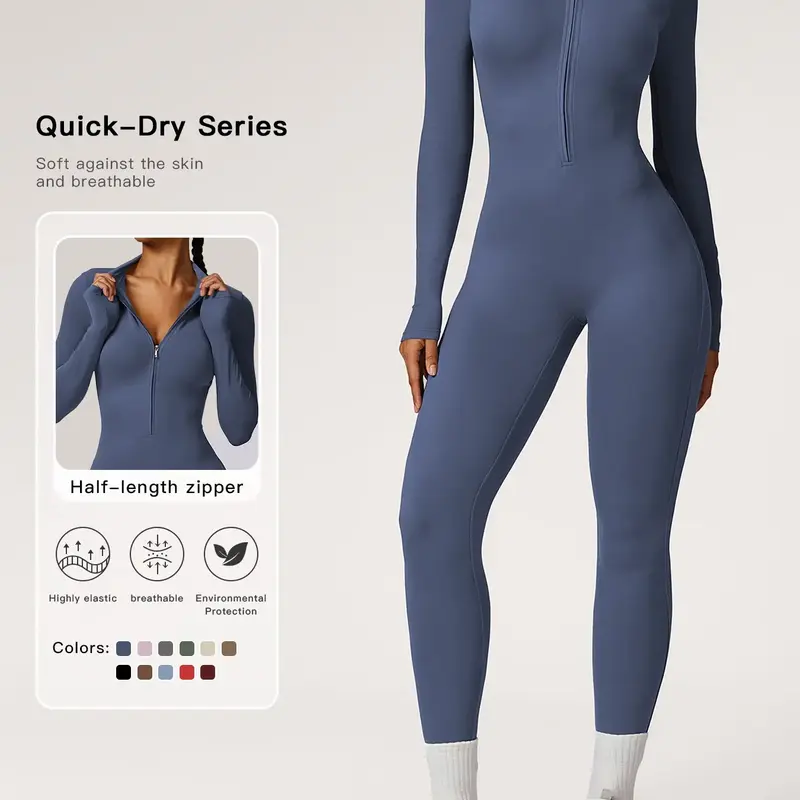 【Black Friday】Women's Solid Zip Up Long Sleeve Sports Jumpsuit, Casual Quick-Dry Activewear for Fitness, Yoga and Gym, Ladies Sportswear for All Seasons