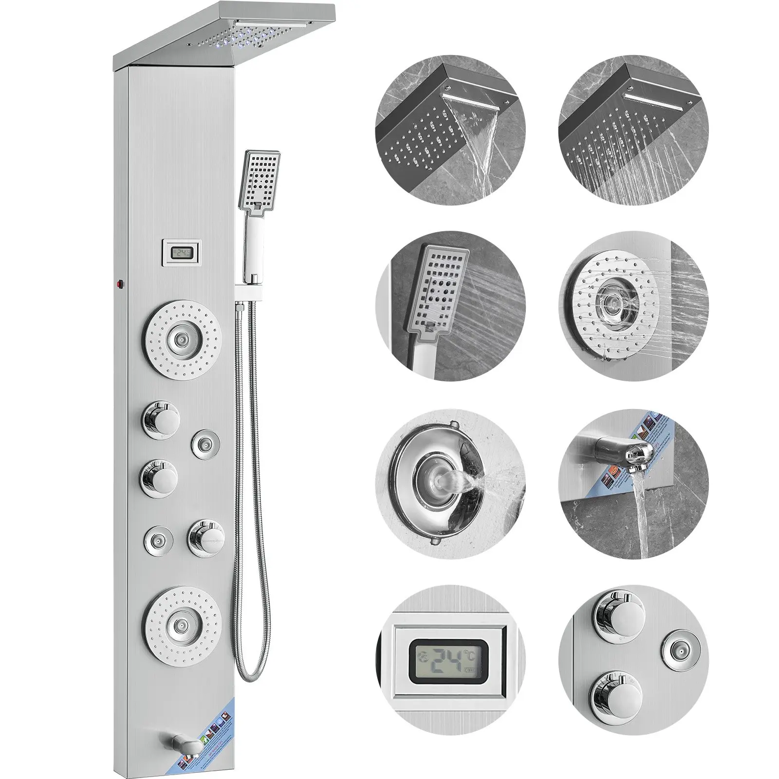VEVOR Shower Panel System, 6 Shower Modes, LED Display Shower Panel Tower, Rainfall, Waterfall, 4 Body Massage Jets, Tub Spout, Handheld Shower Head 59" Hose, Stainless Steel Wall-Mounted Shower Set