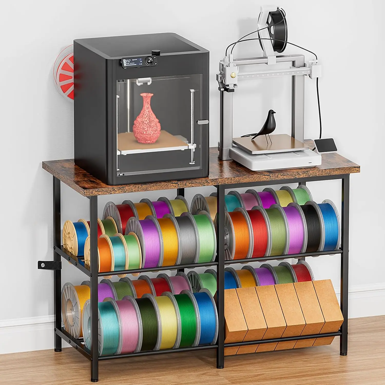 Printer Stand with Filament Storage, Heavy Duty Metal  Printer Table for 2 Printers, Anti-Vibration  Print Desk with Spool Holder for Workshop, Studio,  Office