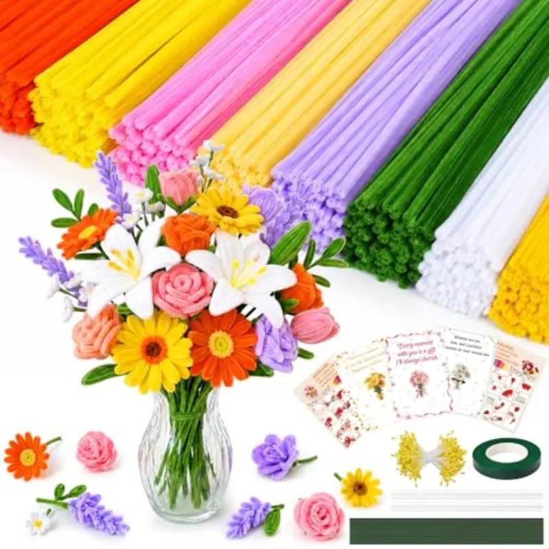 900-Piece Twisty Stick Flower Making Kit, Includes 8 Colors Thick Chenille Stems, Floral Wire, Tape, Petals, Card, DIY Craft Supplies