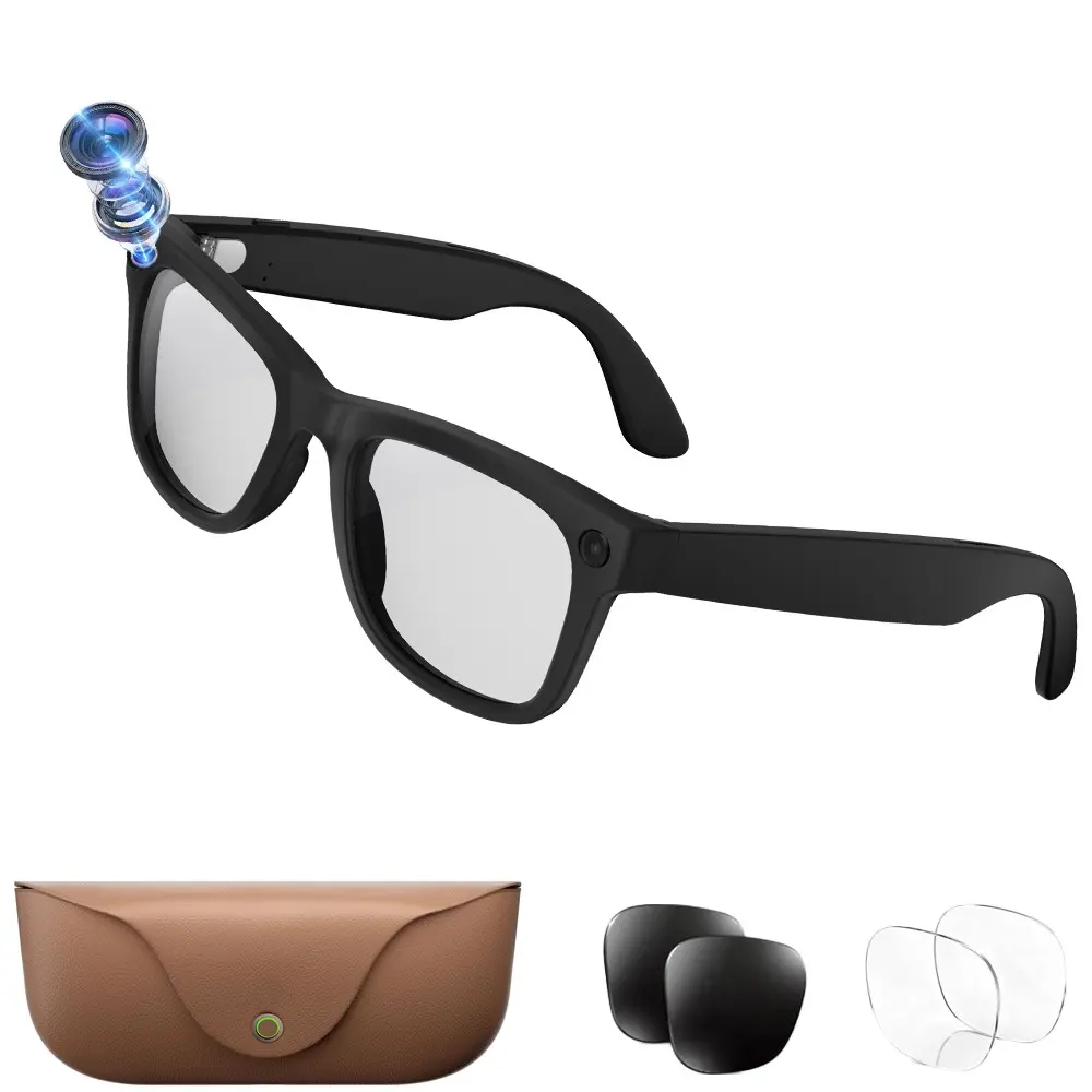 Smart Glasses with AI Translation,26 Language Total, 8MP Camera,TR90 Frame+Metal Hinge,2000Mah Leather Charging Case, 2GB Memory,Hands-free Video Recording, 300Mah Battery, IP65 , Bluetooth Call, Music Playback ,WiFi Transfer,2 Lenses Total