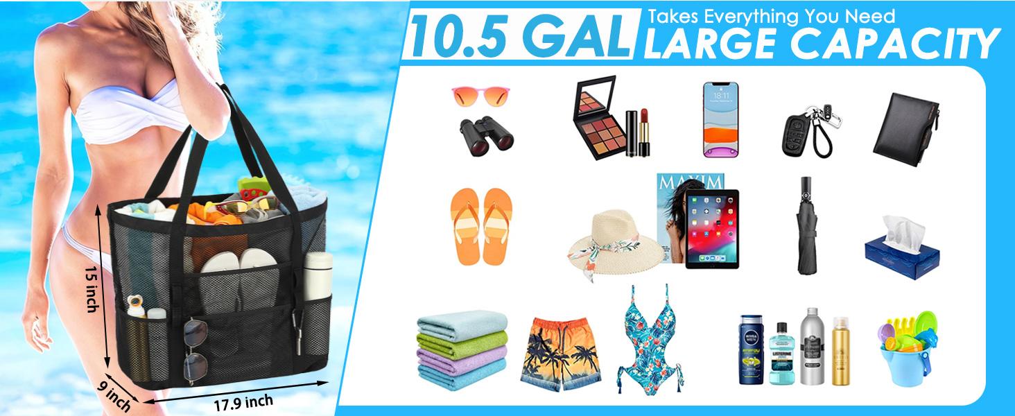 Mesh Beach Bag, Large Beach Tote with Zipper Pocket, Toys Pool Bag for Family Travel Vacation Cruise Essentials