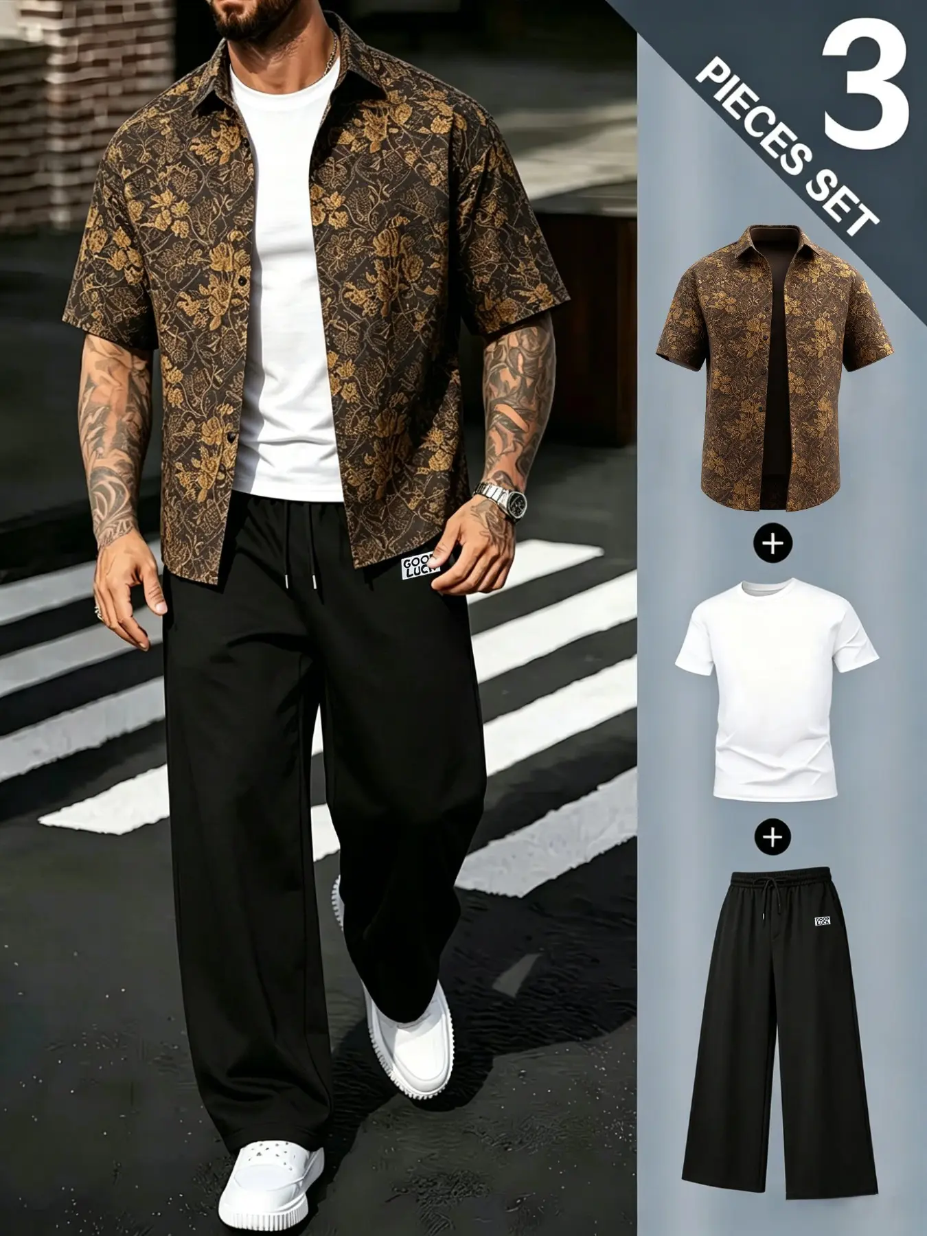 Plus Size Men's Jacquard Drawstring Set, Pure Cotton T-Shirt & Straight Leg Pants, Three-Piece Casual, Comfortable Everyday Wear