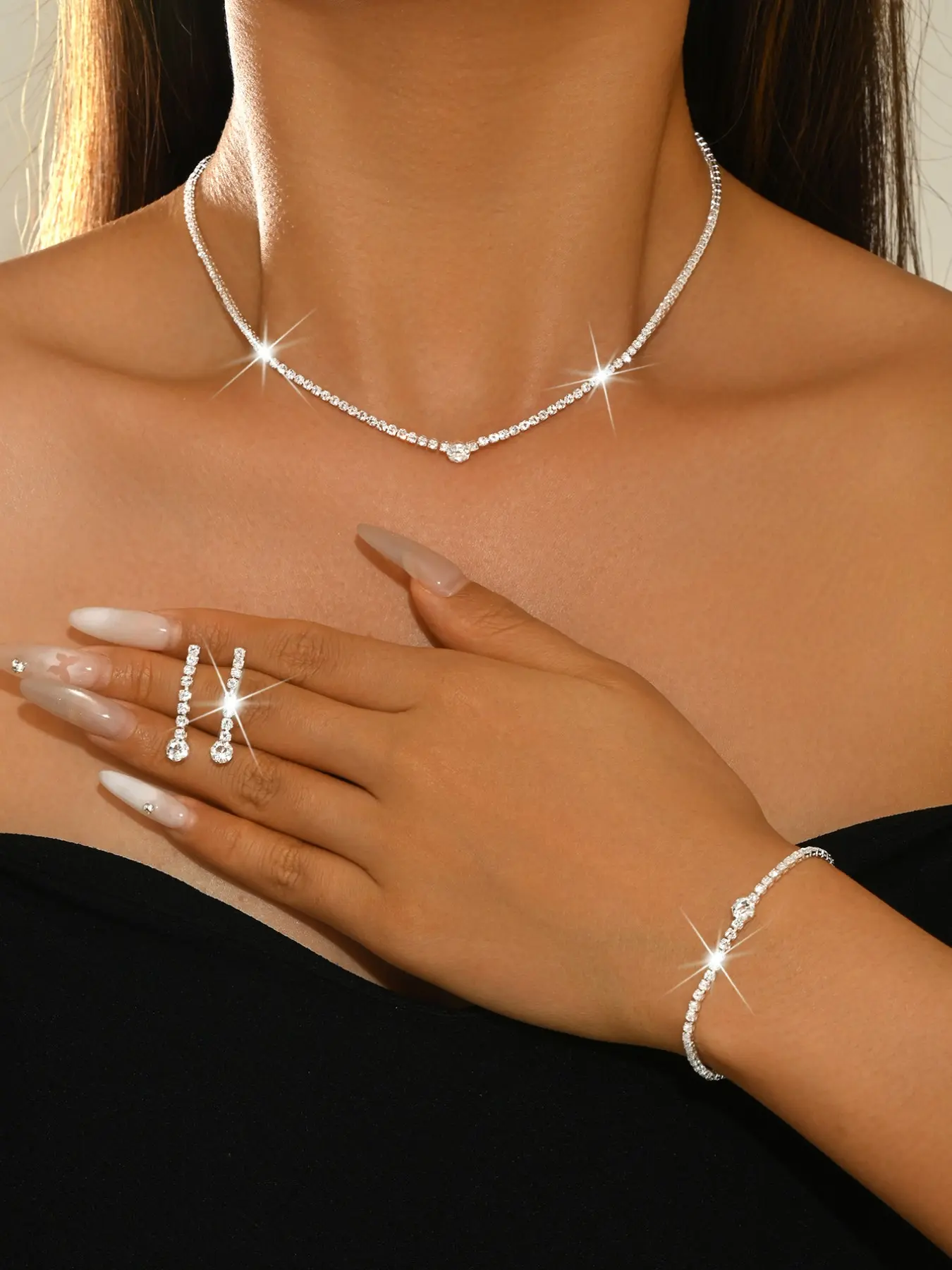 4-Piece Elegant Women's Jewelry Set, Necklace Earrings Bracelet, Sparkling Rhinestones, Bridal Wedding Jewelry, Perfect for Weddings Parties Graduations