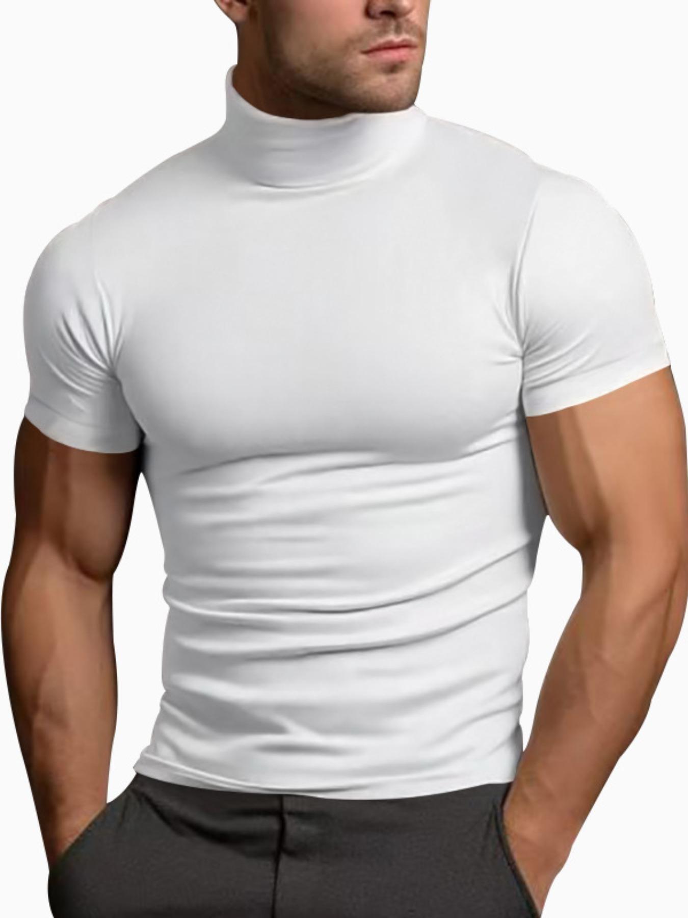 Men's Solid Color Turtleneck Tee, Casual Comfy Short Sleeve T-shirt for Summer, Men's Top for Daily Wear, Tropical, Menswear