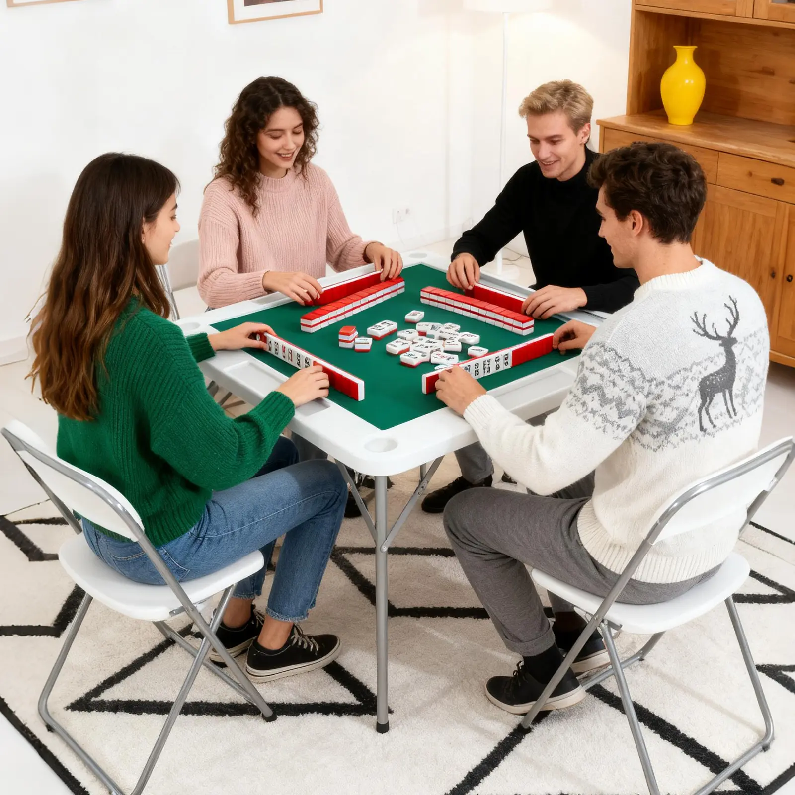 Mahjong Table, 4 Player Folding Domino Table with Wear-Resistant Green Tabletop, Portable Square Card Desk with Cup Holders & Chip Trays,Foldable Board Game Table for Mahjong, Domino, Poker, Puzzle, Card