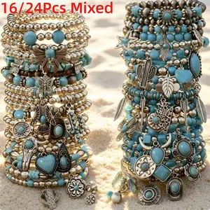 16/24Pcs Mixed Boho Artificial Turquoise Bracelet Set - Western Vintage Cow Skull & Feather Charms, Retro Accessory For Daily & Party, Holiday Gifts
