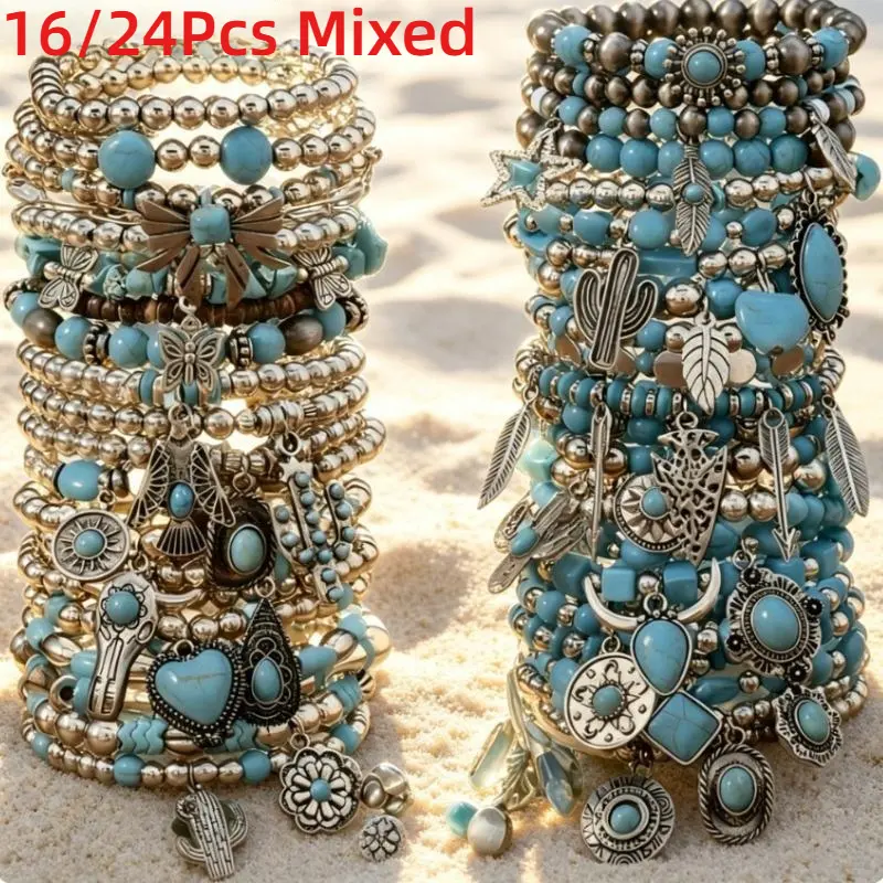 16/24-Piece Boho Bracelet Set, Western Vintage Accessories for Women with Artificial Turquoise Beads & Cow Skull Charms, Ideal for Daily Wear, Womens Gifts, Western Accessories, Feather Accents, Mixed Sets, 16/24Pcs, Assorted Mixed Bracelets & Bangles, Bo
