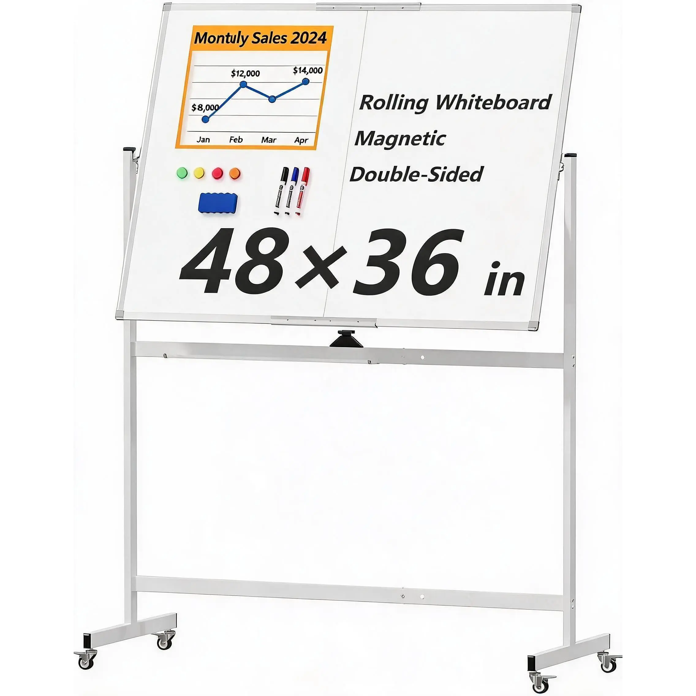 Garvee Double Sided Rotating Magnetic Dry Erase Whiteboard with Mobile Stand Foldable Writing Board 48 x 36 Inch for Office Classroom Conference Room Teaching Presentation Brainstorming Training Planning and Collaboration
