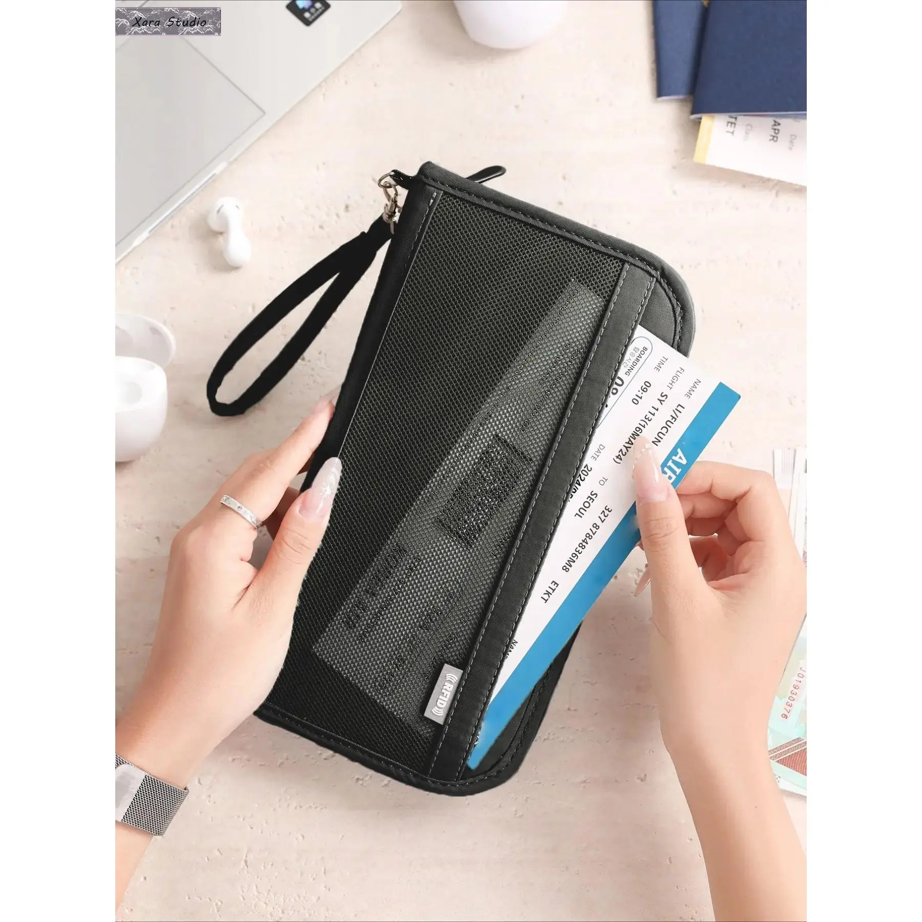 RFID Blocking Passport Holder for Travel, Waterproof Document Organizer Wallet with Wrist Strap, Multi Passport and Ticket Storage Case, Secure Travel Essentials Pouch for Family Vacation, Business Trips and International Travel