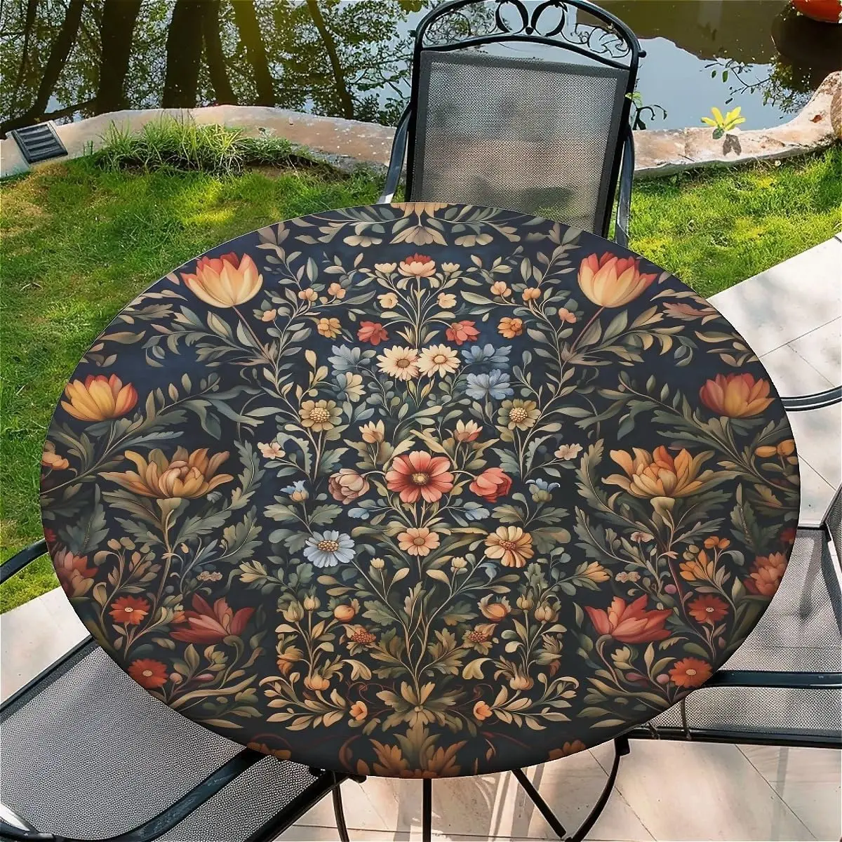 Floral Mirage Round Fitted Polyester Tablecloth, Elastic Edge 36"-60" Waterproof Stain Resistant Table Cover for Indoor, Outdoor Use, 36in Size (Home & Festive Party Supplies)