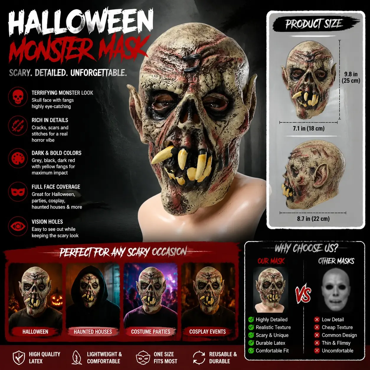Halloween Horror Zombie Monster Mask with Realistic Goblin Demon Fangs Pointed Ears Latex Headgear for Costume Parties Carnival Birthday Gift Christmas Party Decorations, Creepy Role Play Props for Scary Costume