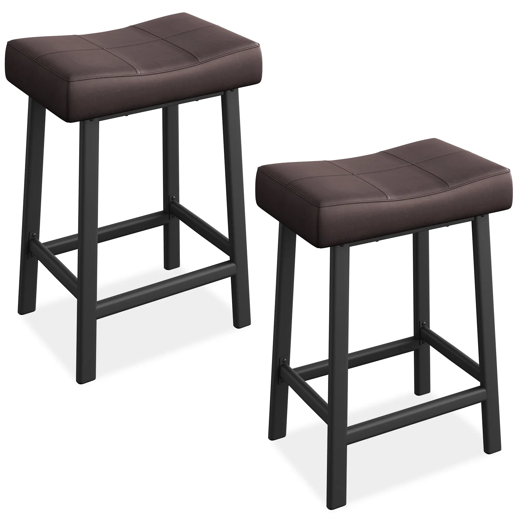 Backless Counter Height Bar Stools Set of 2, 24 Inch Curved Upholstered Saddle Seat, Metal Legs & Footrest, Easy Assembly, Perfect for Kitchen Island, Breakfast Bar or Home Bar
