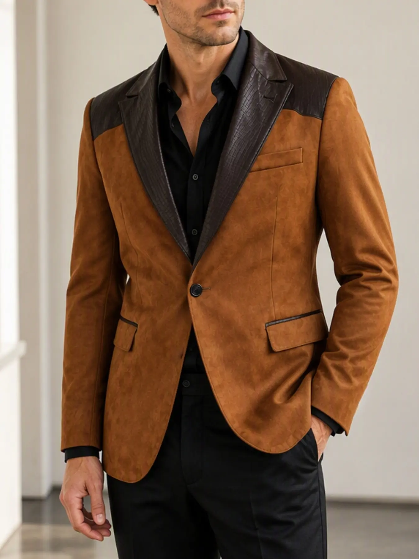Ainwear Men's Single Breasted Blazer, Leather Suit Slim Fit, Vintage Casual Sport Coat, Business Office, Daily Wear, Dinner Party Jacket