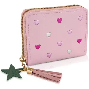 Womens Wallet with Zipper, PU Leather Women's Wallet with Card Slots, Credit Card Holder Small Wallet with Heart-embroidery Cute Wallet with Star Tassels Pendant.