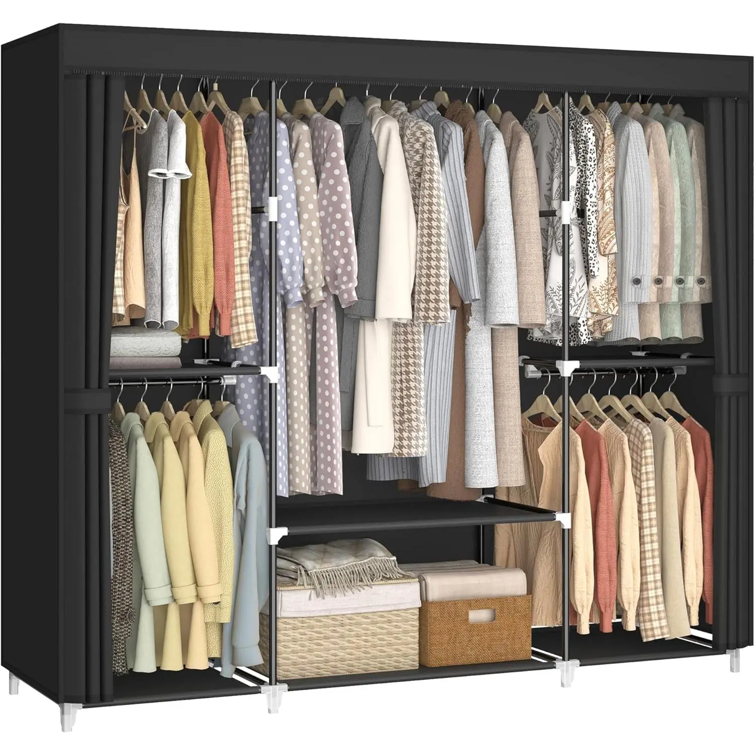 64.5" Closet Wardrobe, Portable Closet for Bedroom, Freestanding Clothes Rack with Non-Woven Fabric Cover, 5 Hanging Rods, 6 Storage Shelves, Clothes Storage Organizer, Black