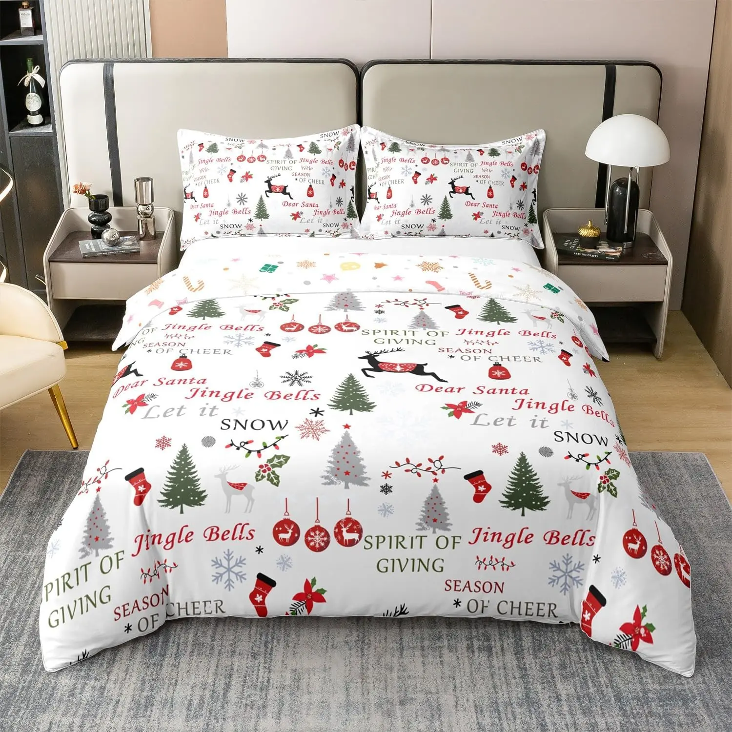 100% Cotton King Christmas Duvet Cover, Xmas Reindeer Bedding Set for Kids Teens Adults, Red Green White Merry Christmas Comforter Cover Bells Trees Snowflake Bed Sets with 2 Soft Pillowcases