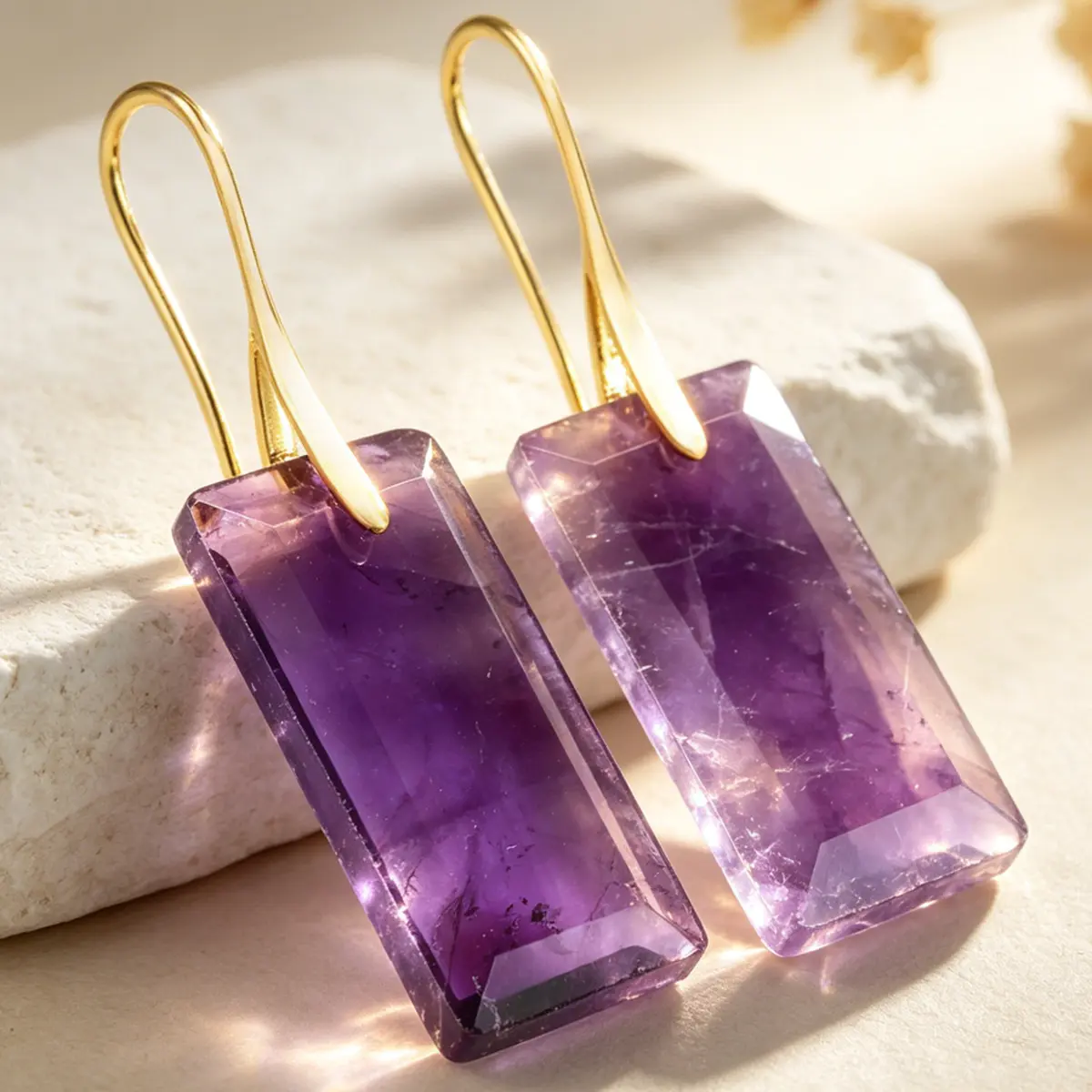 Amethyst Purple Crystal, Rectangle Faceted Dangle Earrings, Golden Hook Design, Statement Crystal Jewelry, Everyday Elegant Wear, Classic Chic Accessory