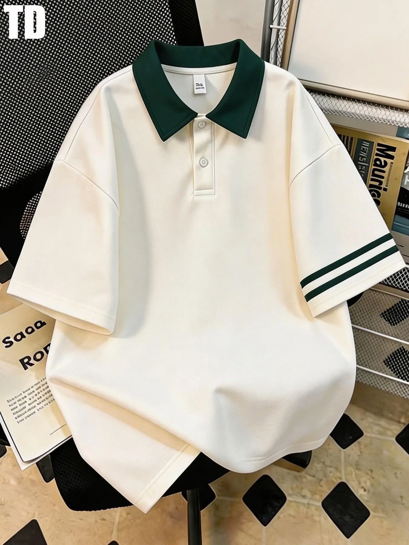 Td Solid Contrast Collar Striped Sleeve Polo Shirt, Unisex Oversized Preppy Top, Casual Streetwear, Golf, Tennis, Everyday Wear, Summer Tops