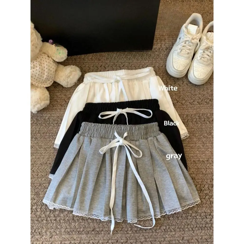Lace Patchwork Pleated Skirt for Women Y2K Summer Fashion Preppy Drawstring Tutu Skirt Korean Sweet Lolita All Match Mini Skirts