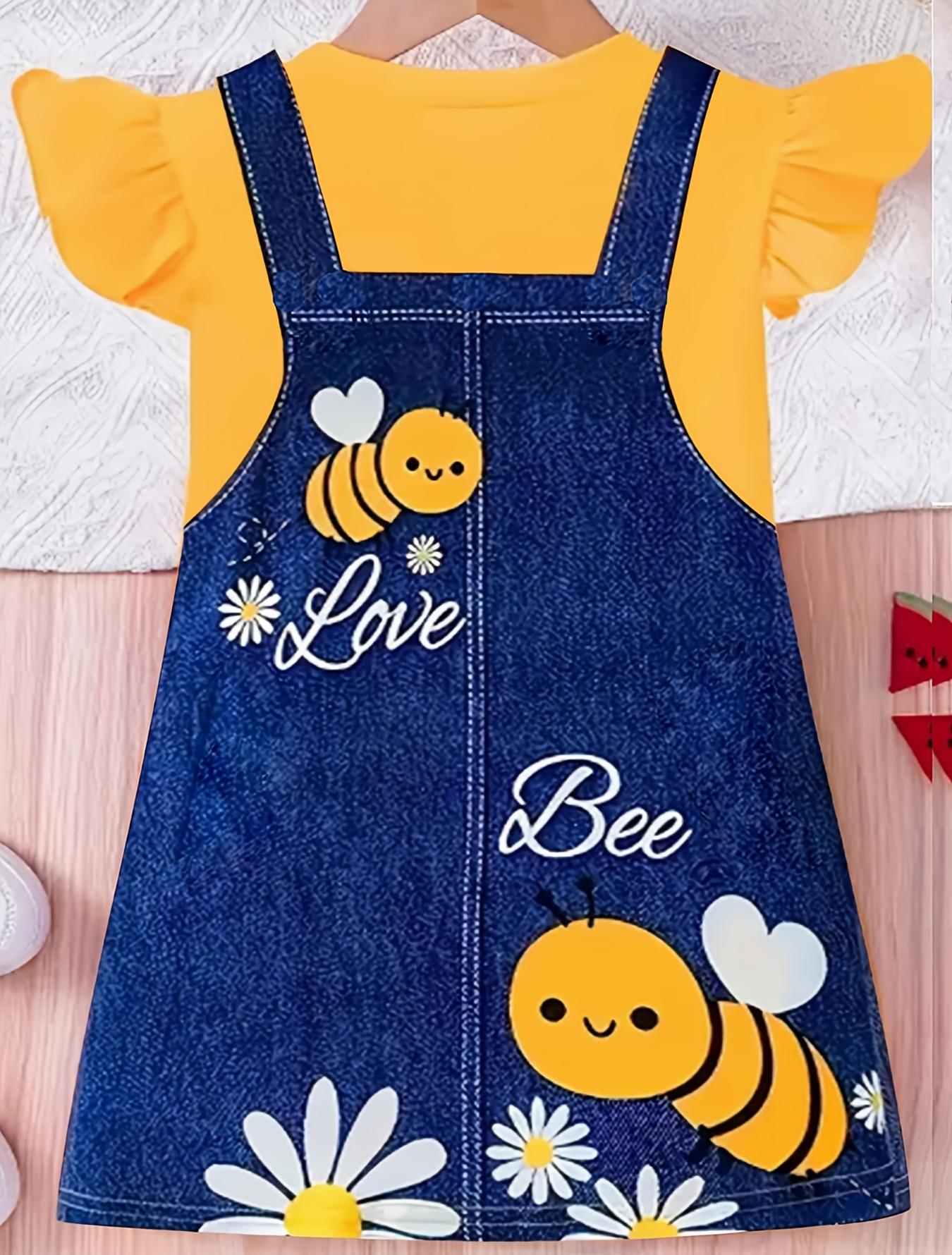 Girls' Dress • Single Piece • Digital Print Little Bee • Flutter Sleeve • Casual Straight Skirt