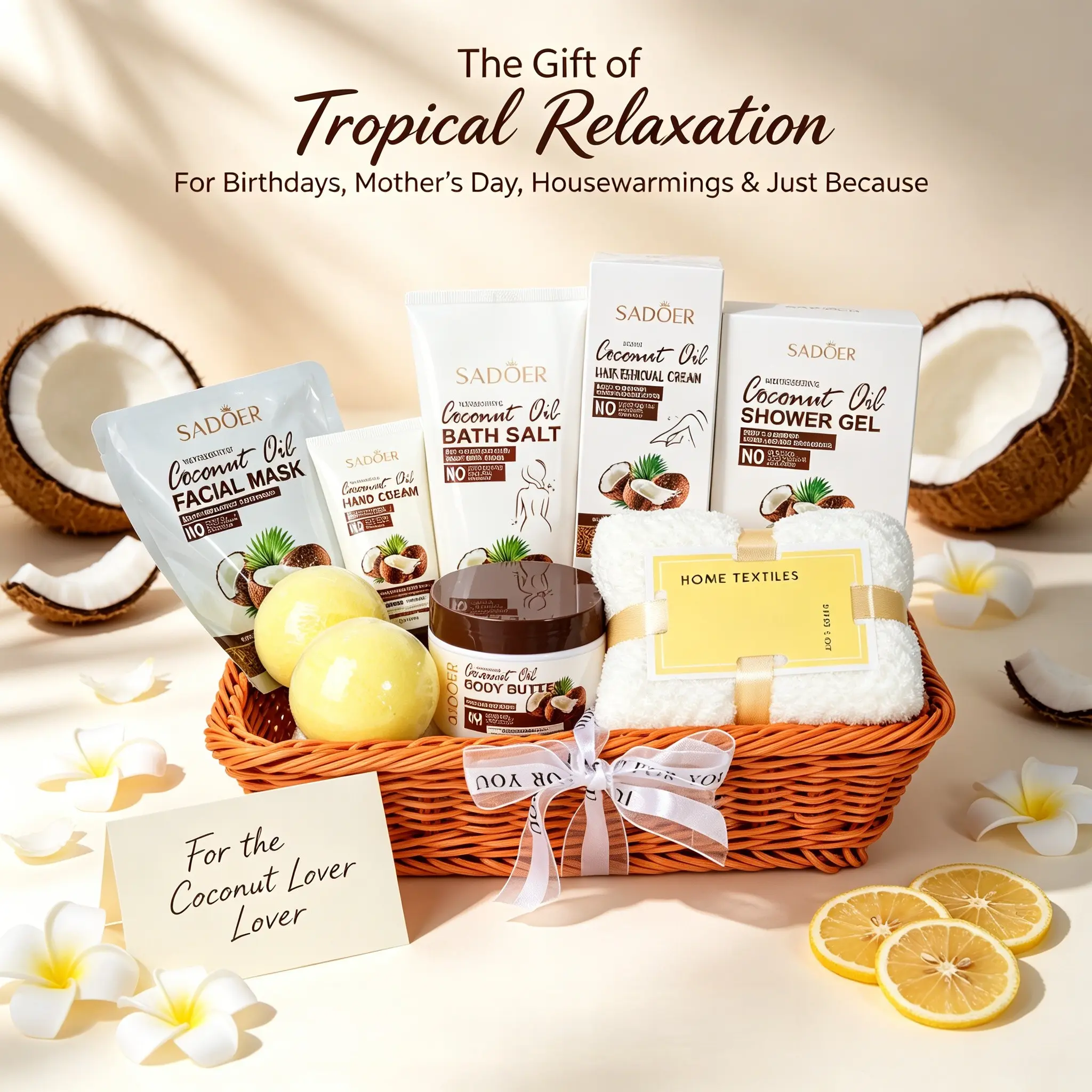 10pcs Tropical Coconut Bath Gift Set, Luxury Spa Pamper Basket, Relaxing Moisturizing Self Care Kit, Birthday Housewarming Gift Basket, Body Care Pack, Body Care Bundle