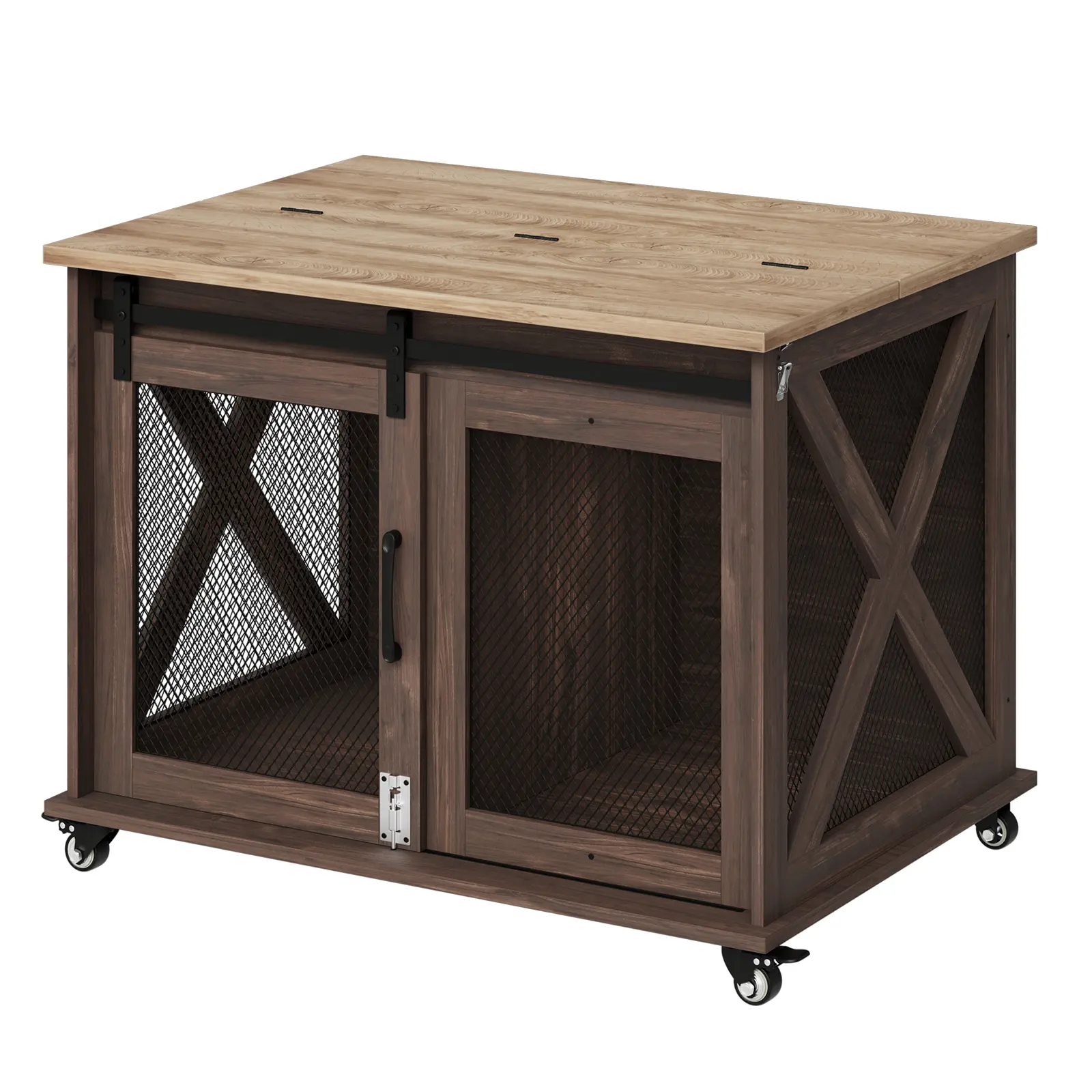 Wooden Dog Crate Furniture, Indoor Dog Kennel End Table with Sliding Barn Door, Reversible Top, Removable Divider and Locking Wheels, Modern Furniture-Style Pet Crate for Small, Medium and Large Dogs, White/Grey