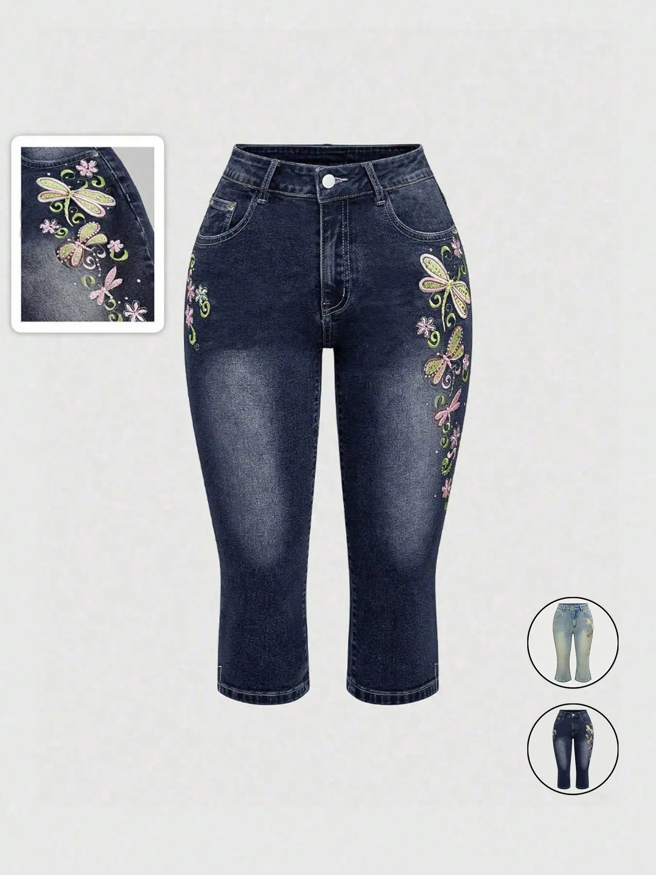Women's Casual Retro Stylish Fit Dragonfly Embroidery Capri Denim Pants, Y2K Comfortable Stretchy Jeans for Daily Wear