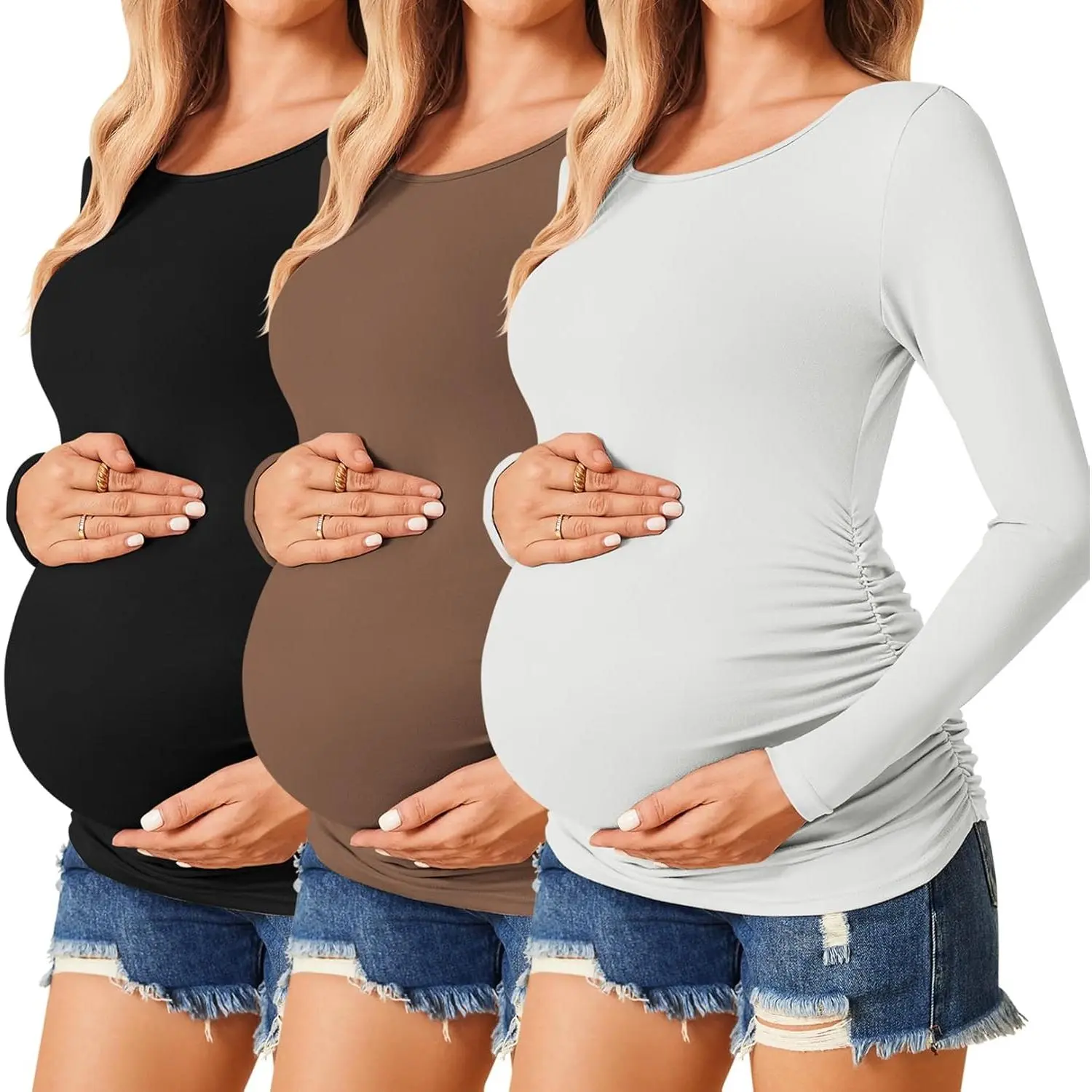 Women's Maternity Long Sleeve Shirts, 3pcs Black/Brown/White Affordable Plain Tunic Blouses, Casual Mama Pregnancy Tee Tops, S-XXL Maternity Clothing