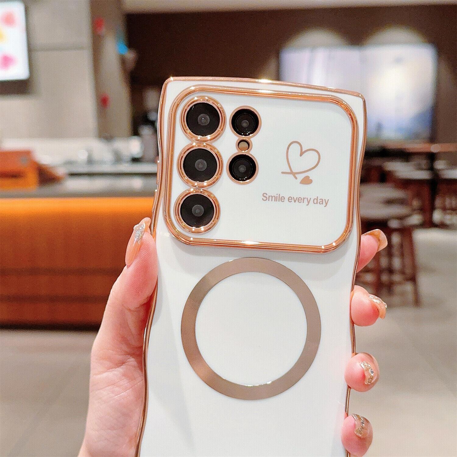 HISTORYOO Case for Samsung Galaxy S25 S24 S23 S22 Ultra / Plus Magnetic Wireless charging Soft Cute Wave Frame Curly Shape Love Heart Luxury Plating Phone Case Compatible with MagSafe Shockproof Back Cover for Women Girls