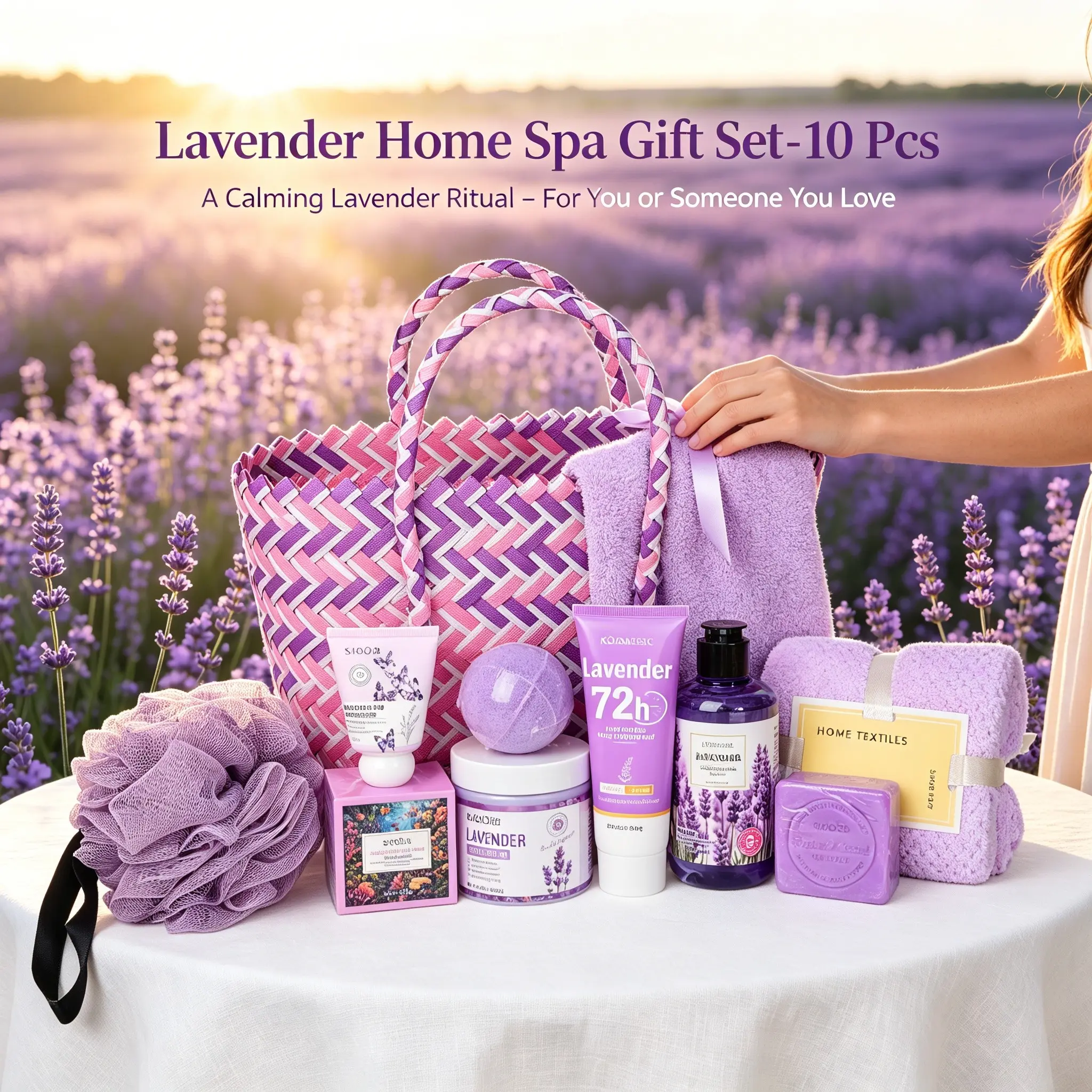 10pcs Lavender Bath Premium Gift Set for Women, Luxury Spa Pamper Basket, Body Butter, Bath Bomb, Shower Gel, Deodorant Cream, Face Cream, Soap, Loofah, Towel, Self Care Package, Mother's Day Birthday Gifts