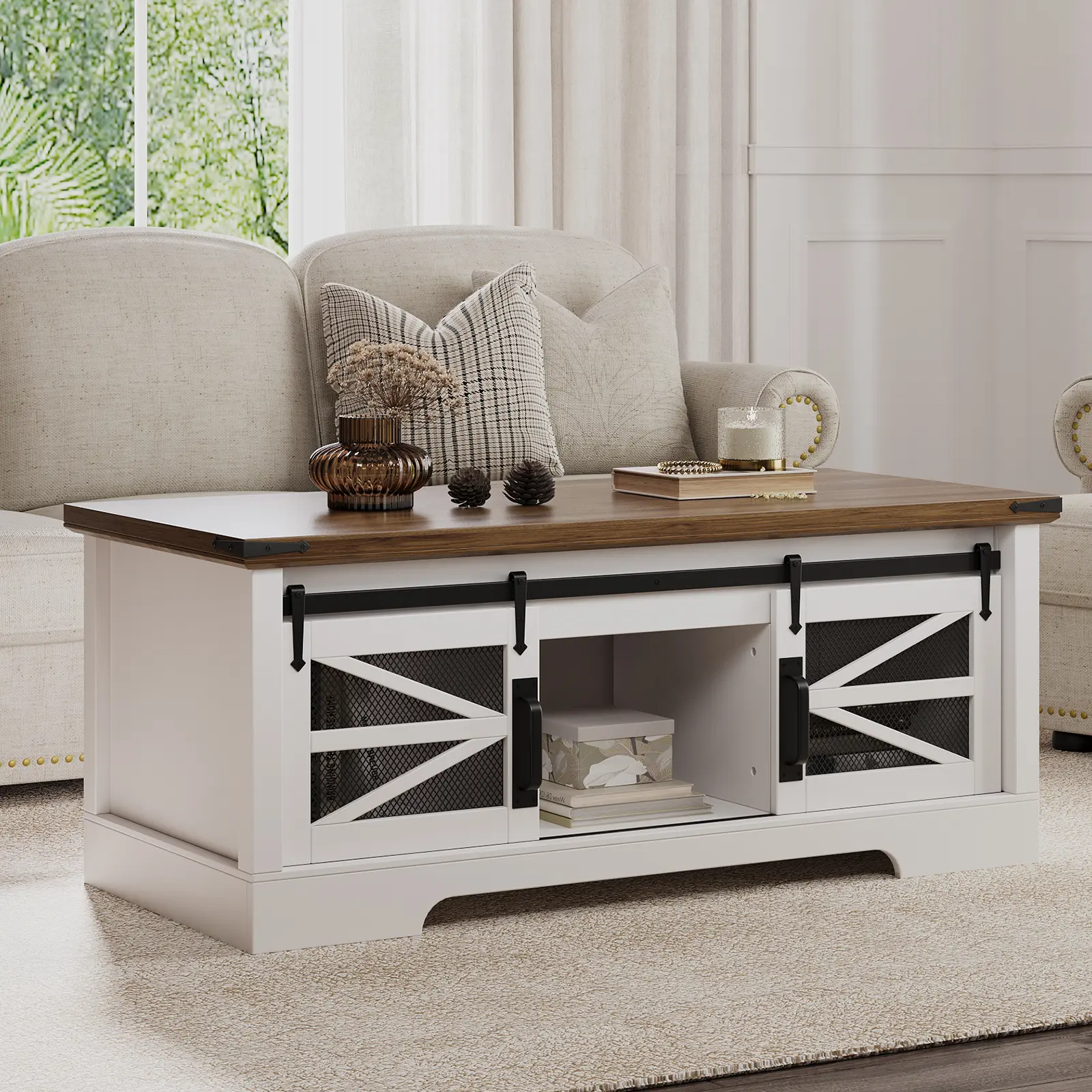 Garvee 47.2" Lift Top Coffee Table with Adjustable Shelf & Hidden Storage – Farmhouse Rustic Center Table for Living Room – Sliding Barn Doors – High Density Wood – Easy Assembly – 150 lb Capacity