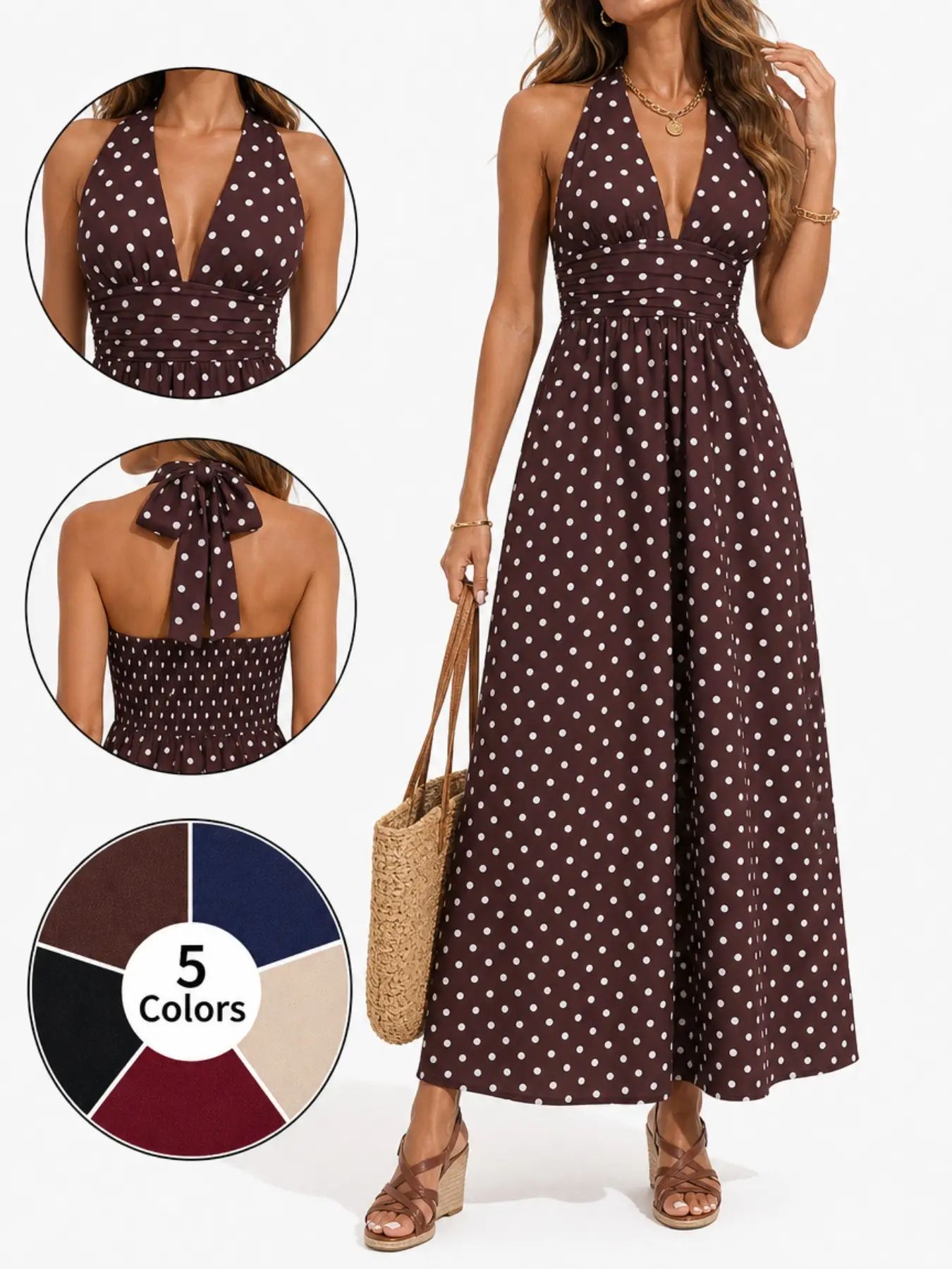 Retro Summer Vacation Casual Halter Dress, Slim-Fit Deep V-Neck Strappy Polka Dot Design, Sexy Evening Wear