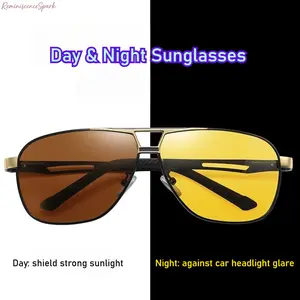 Men’s Double Bridge Photochromic Polarized Sunglasses - HD TAC Lenses, Lightweight Metal Frame, UV400 Anti-Glare Protection, Auto Tint Shifting for Day-Night Driving & Outdoor Fishing, Night Anti-Highbeam Function, Men's Sunglasses