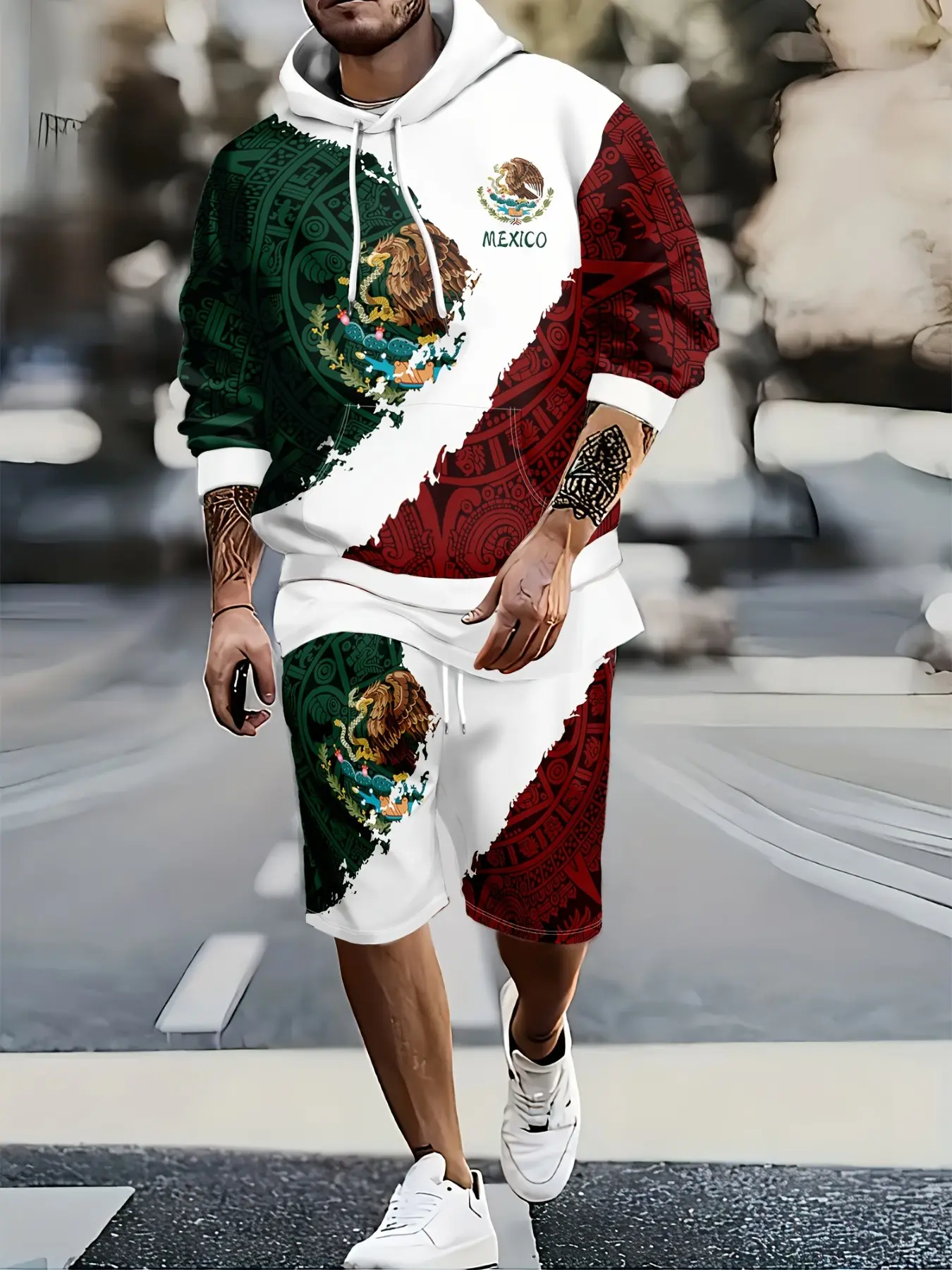Mexican Totem Colorblock Hoodie and Shorts Set, Stylish Casual Wear, Perfect for Daily, Comfortable and Trendy