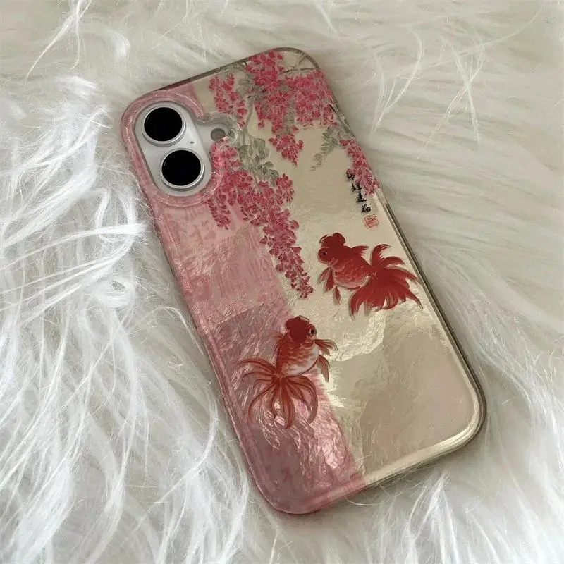 Pattern Painted Calligraphy Flower Branch Koi Case For iPhone 17 16 15 Pro Max 14 13 12 11 Xr X Xs Max Mini Air Plus Laser Paper