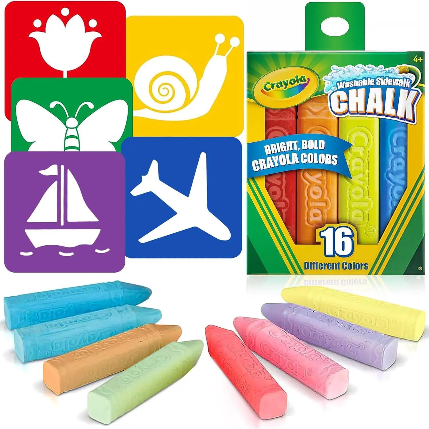 16 Count Sidewalk Chalk for Kids with 5 Stencils, Non Toxic Washable Square Anti-Roll Colored Chalk Gifting Bundle Bulk for Outdoor Play