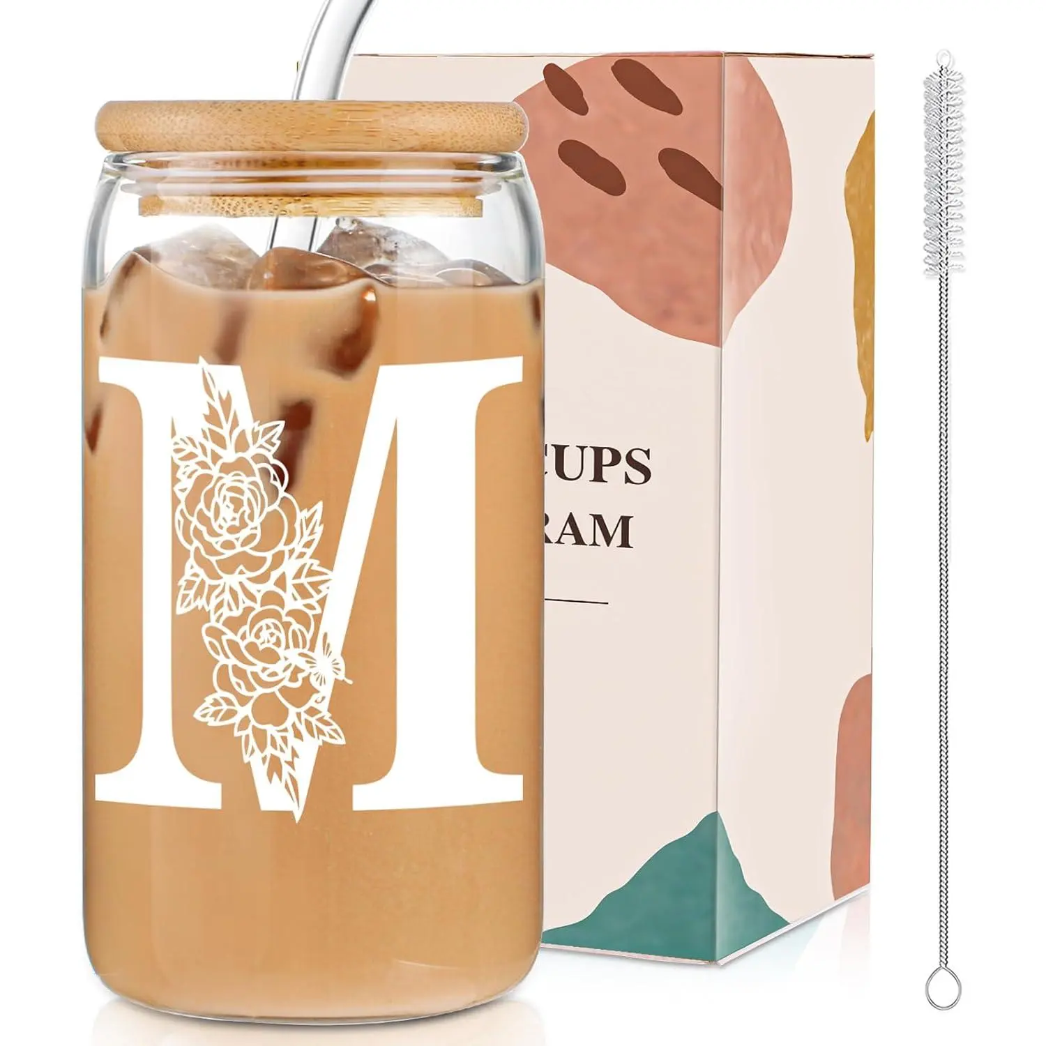 Glass Cups with  and Straws: Personalized Initial Glass Cup Be  As  Iced Coffee Cups with ,Cute Matcha Tumbler - The Christmas/Birthday Gifts for Women - M Smoothie Cup