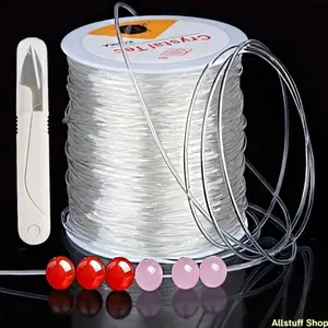 1pcs 0.8mm Elastic Bracelet String Kit with Scissors - 328ft (100m) Clear Crystal Stretch Cord for Jewelry Making, Transparent Beading Thread Set for DIY Crafting, Beading Accessories, Elastic String for Bracelets