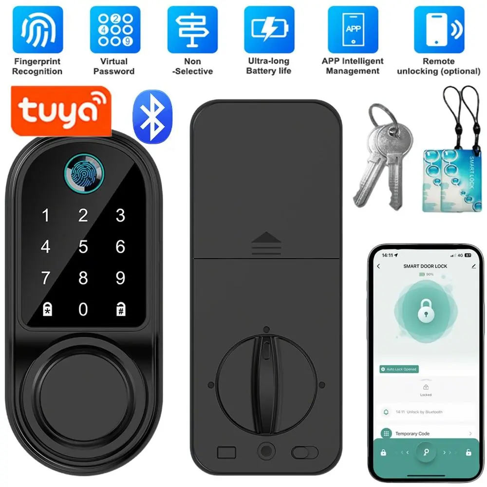 Smart Door Lock with Keypad Handle, Fingerprint Access, Card Access, 155*68mm (Front) Aluminium Construction - Convenient Keyless Entry for Bedrooms