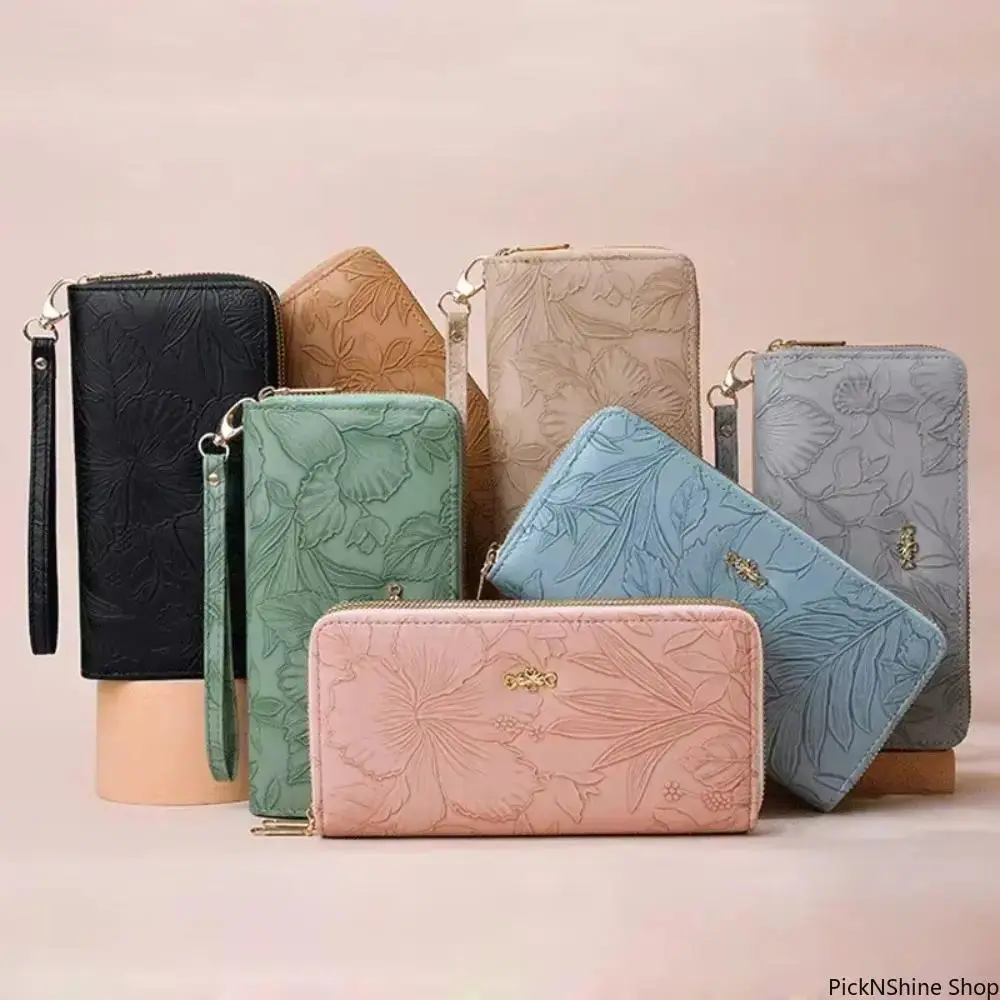 Women's Synthetic Embossed Floral Zip-Around Long Wallet - Clutch Purse with Wrist Strap, Multi-Card Slots, Zipper Coin Pocket, Bear Metal Charm, High-Capacity Card Holder for Daily Travel, Gifts, Wallets