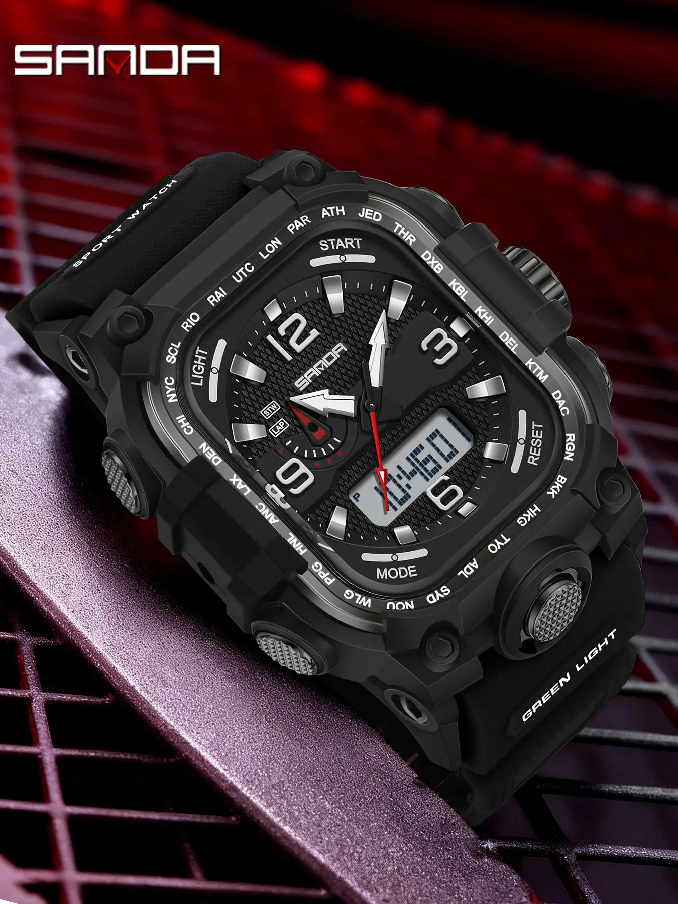 Men's Sanda6310 Electronic Watch, Multifunctional Night Light Alarm Clock, Calendar Stopwatch, Dual Display, Sporty Style, All Seasons